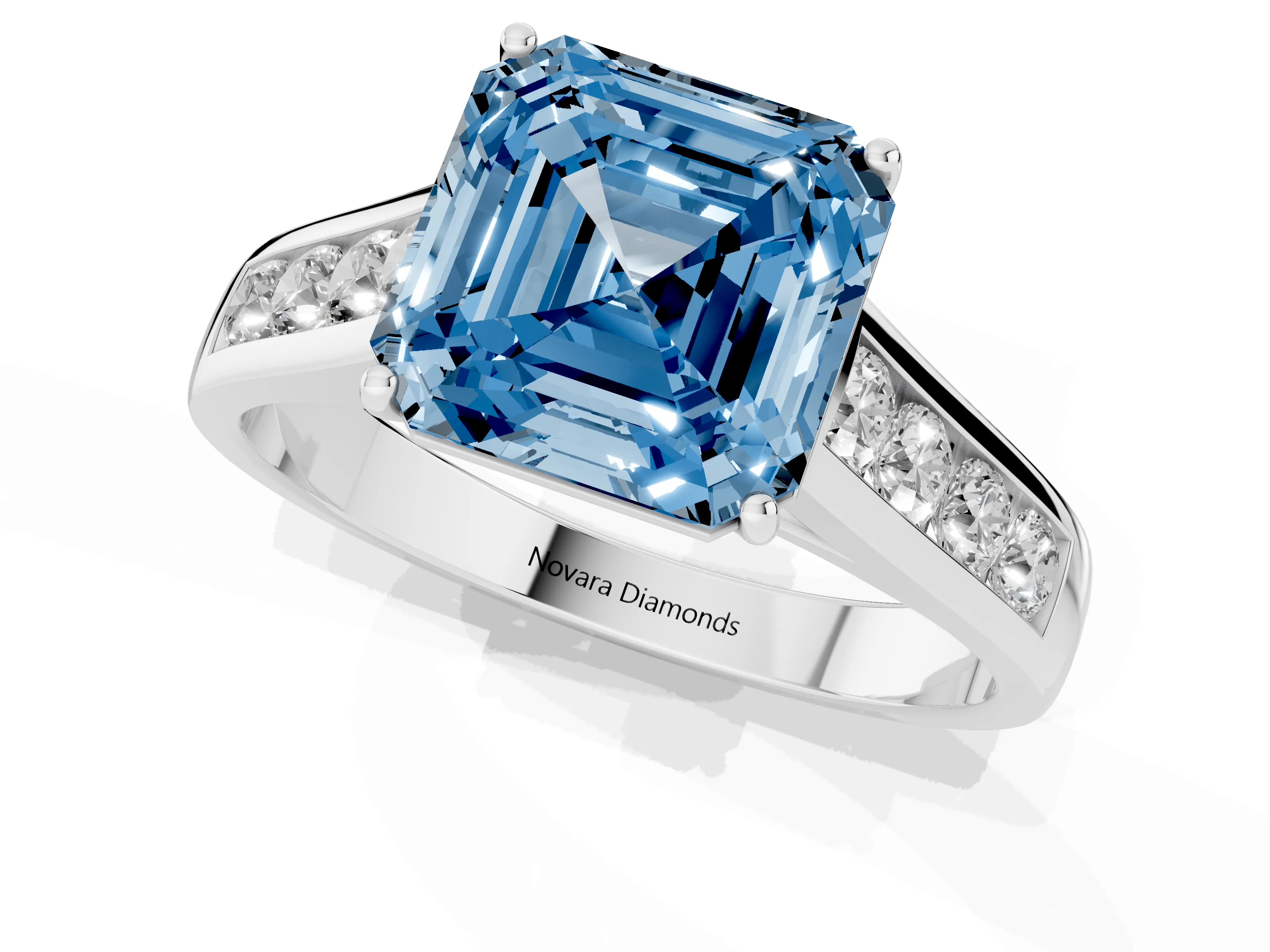 Fancy Blue Asscher Cut Diamond Brilliant Channel-Set Solitaire Ring Set in Platinum with Prong Setting