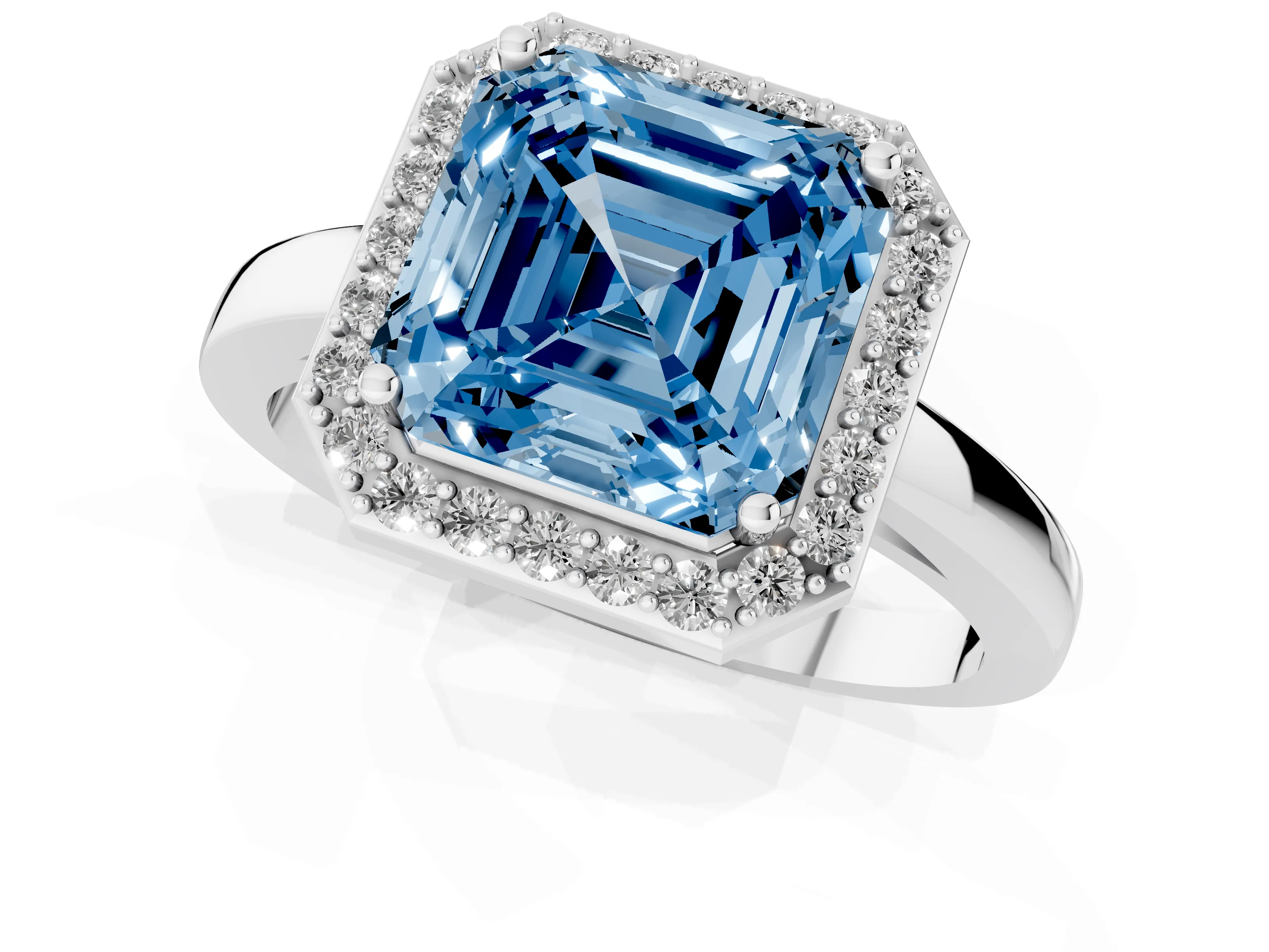 Fancy Blue Asscher Cut Diamond Halo Ring Set in Platinum with Solitaire Band and Prong Setting