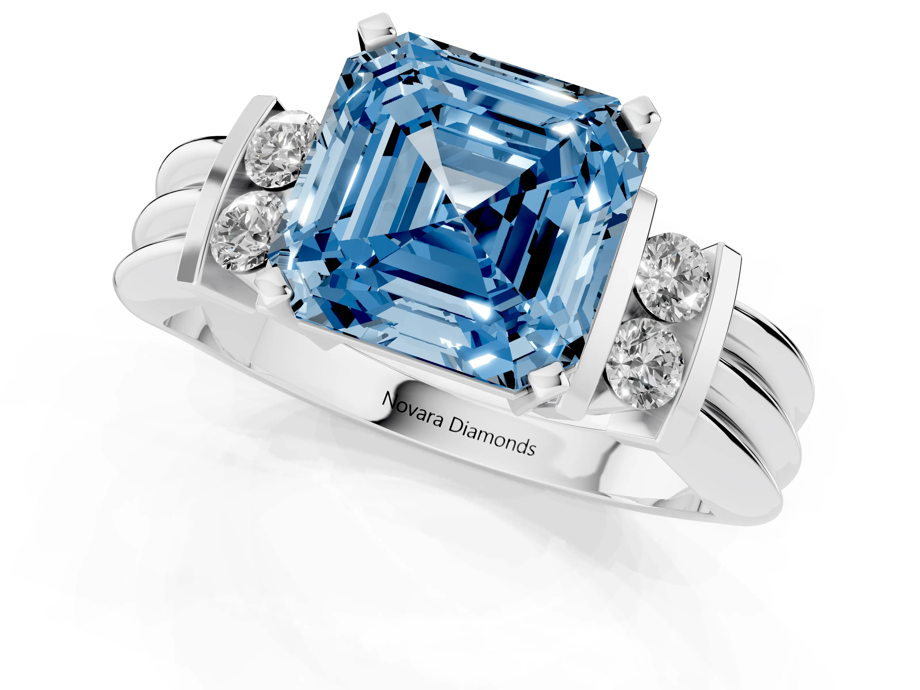 Fancy Blue Three-Stone Asscher Cut Diamond Channel Set Ring Set in White gold with Bar Prongs