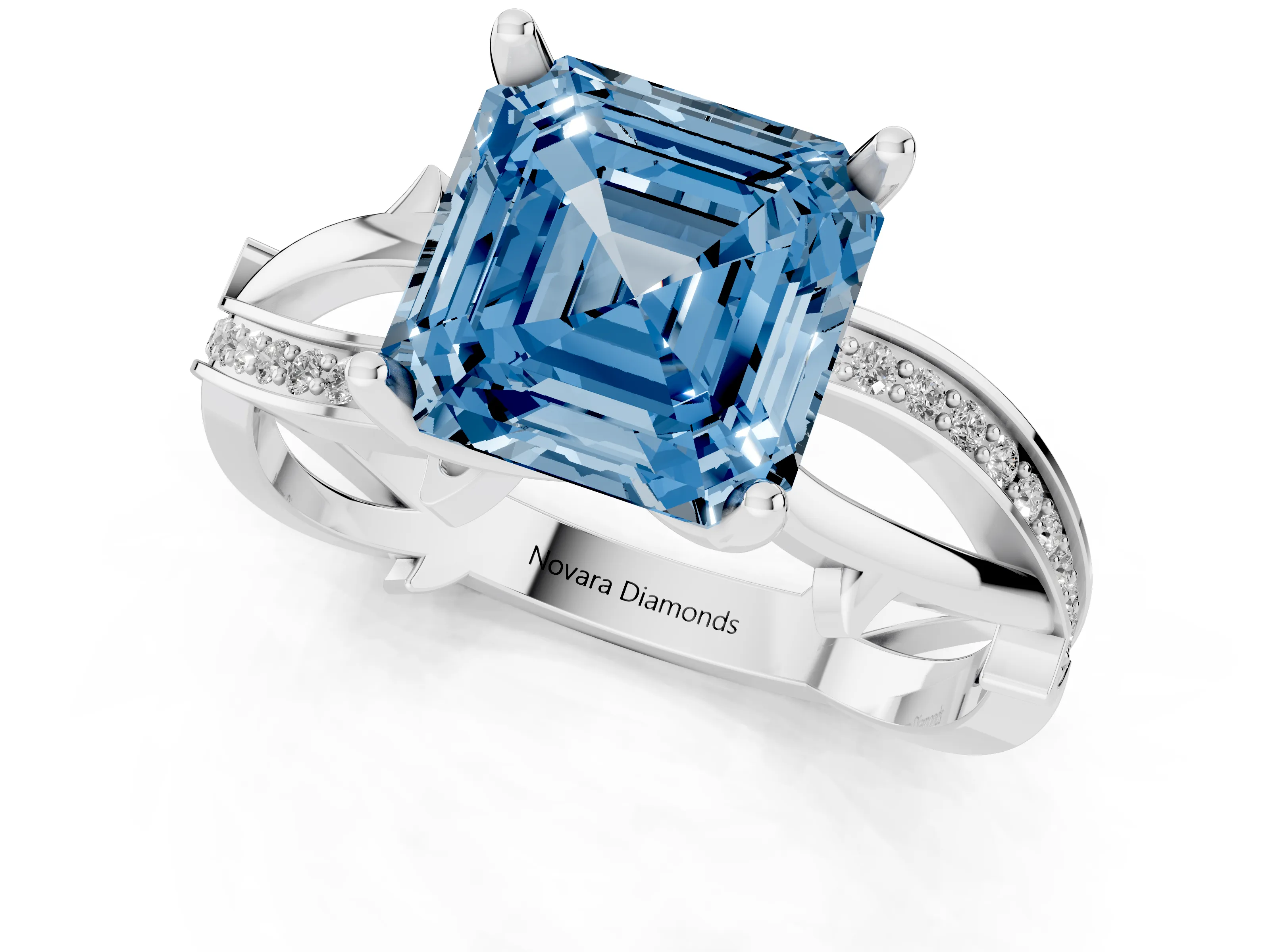 Fancy Blue Asscher Cut Diamond Pavé Twist Band Solitaire Ring Set in White gold with Prong Setting
