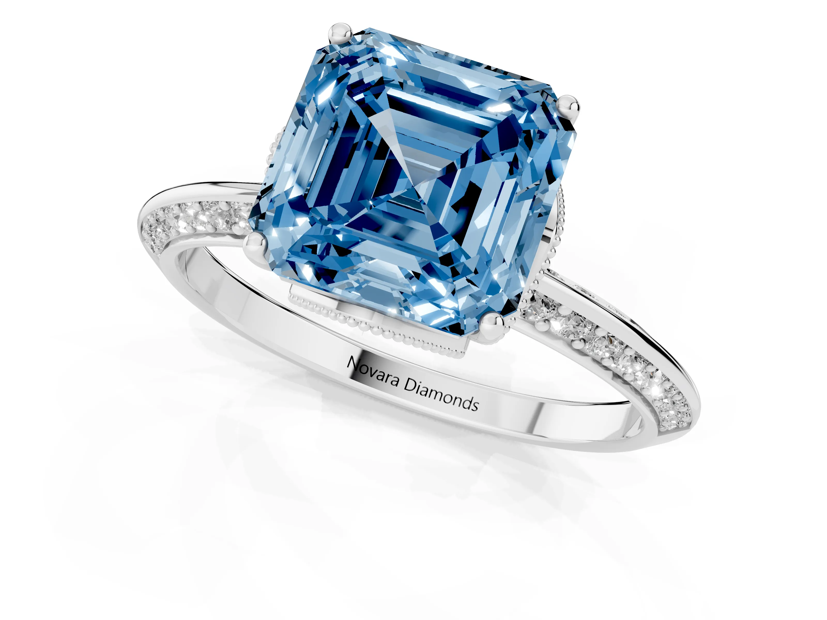 Fancy Blue Asscher Cut Diamond Solitaire Engagement Ring Set in Platinum with Pavé Split Shank and Prong Setting
