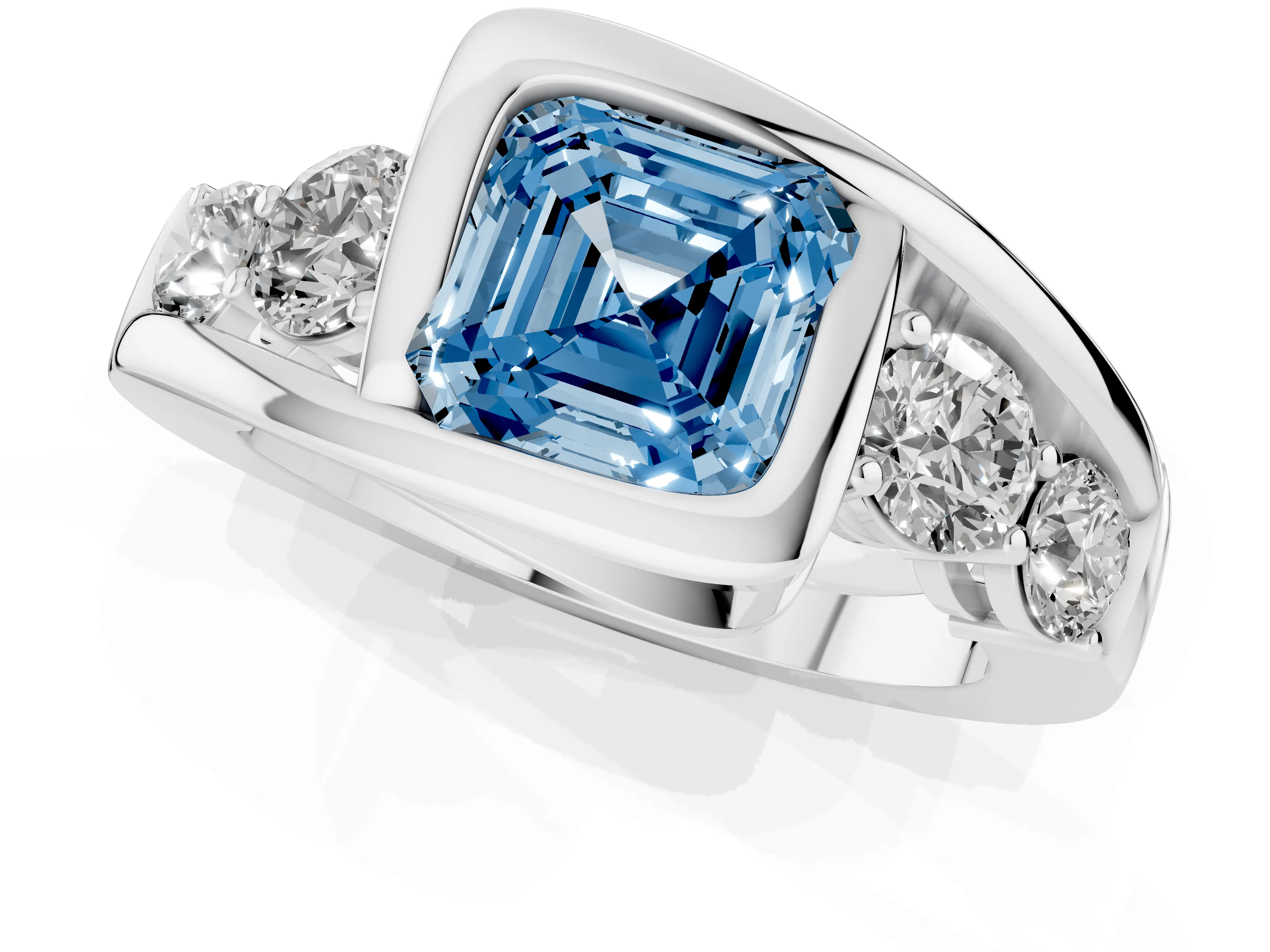 Fancy Blue Asscher Cut Diamond Bezel Bypass Ring Set in Silver with Round Accents