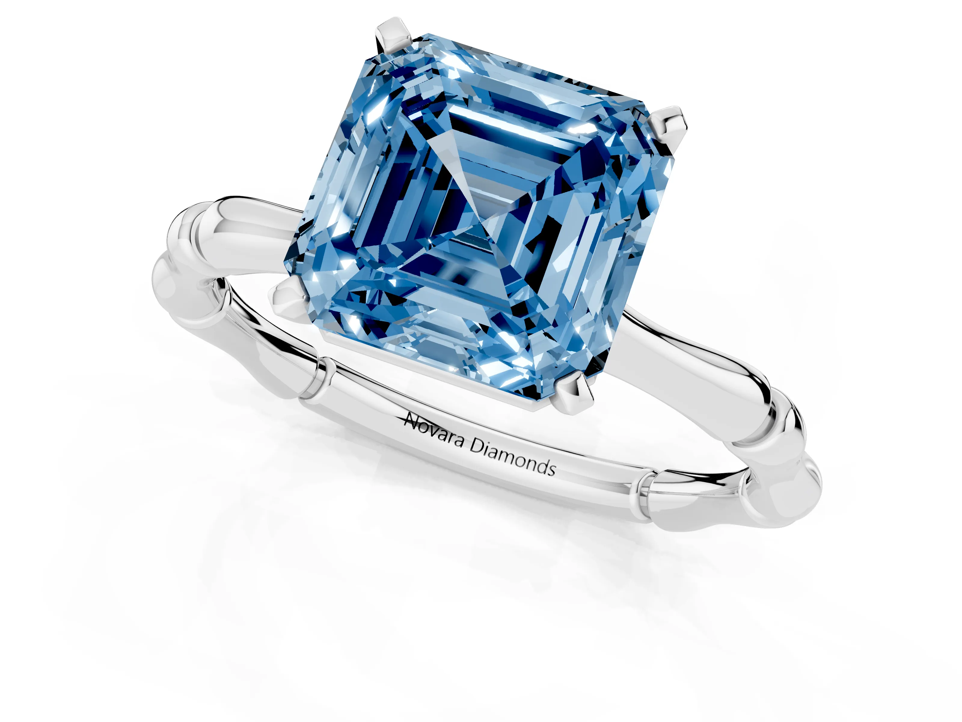 Fancy Blue Asscher Cut Diamond Solitaire Ring Set in Silver with Bamboo Band and Prong Setting – second view