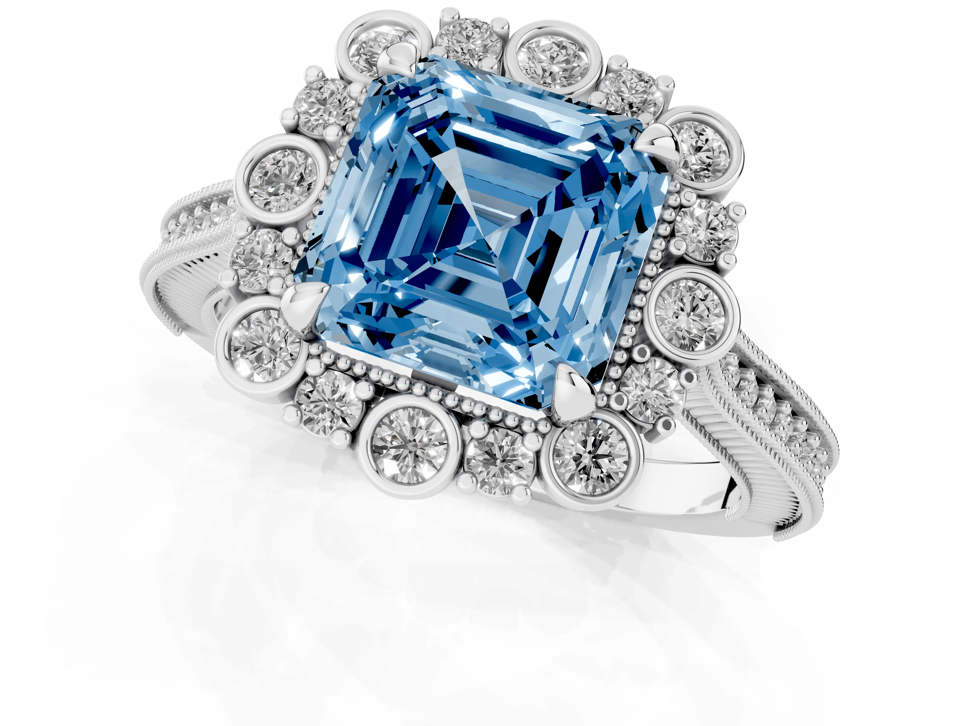Fancy Blue Asscher Cut Diamond Halo Milgrain Pavé Ring Set in Silver with Prong Setting
