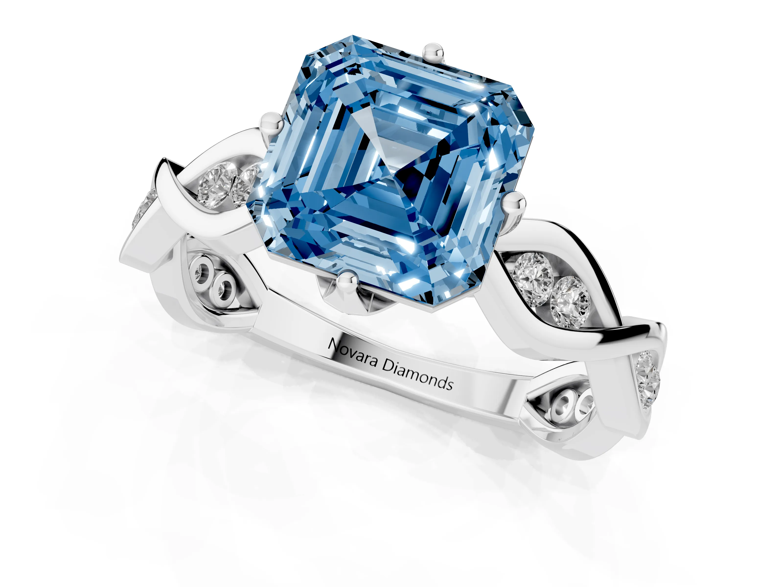 Fancy Blue Asscher Cut Diamond Twist Band Solitaire Ring Set in Platinum with Leaf Prong Setting and Accent Stones
