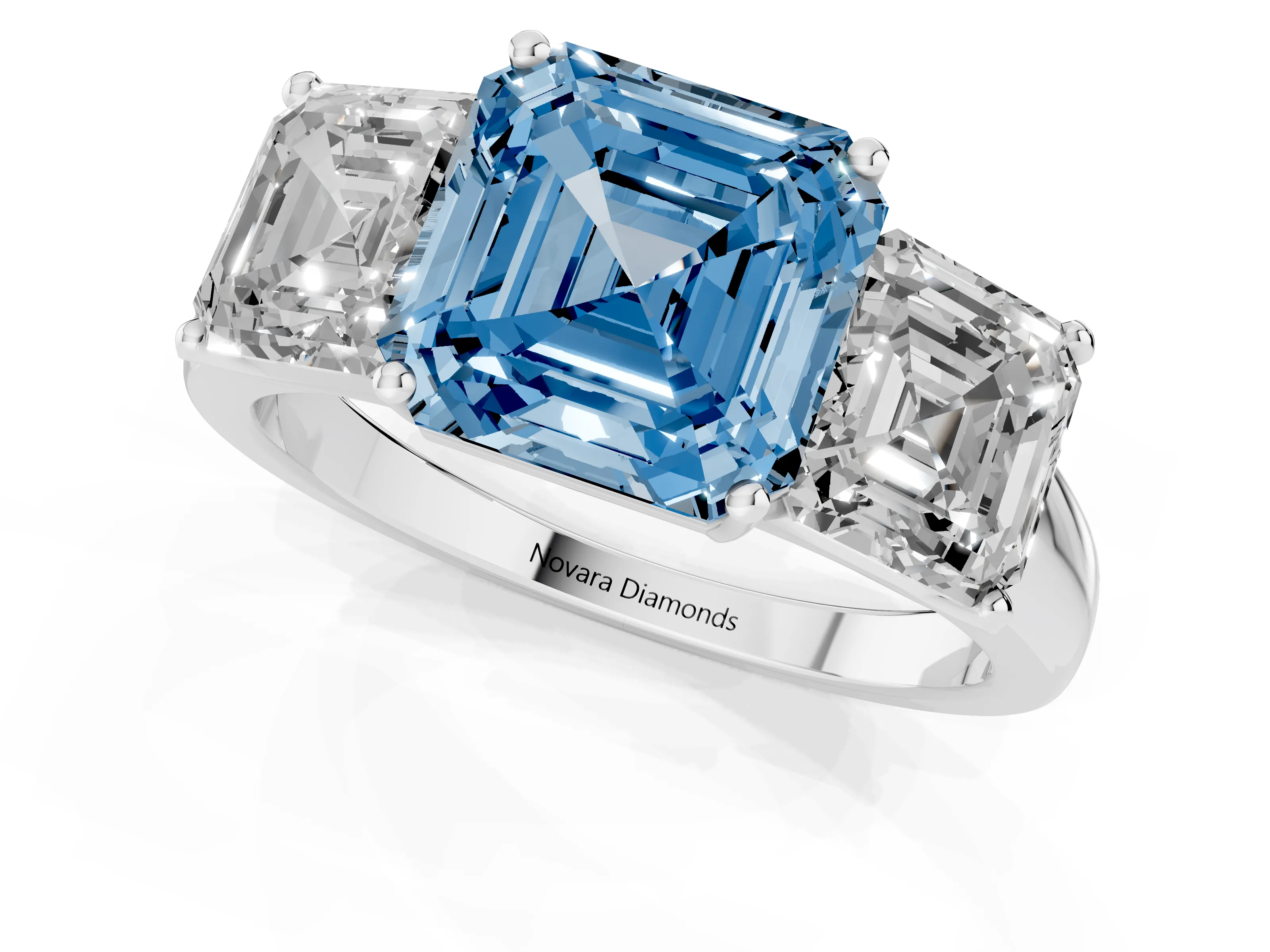 Fancy Blue Asscher Cut Diamond Three-Stone Ring Set in Silver with Classic Prong Setting and Plain Band
