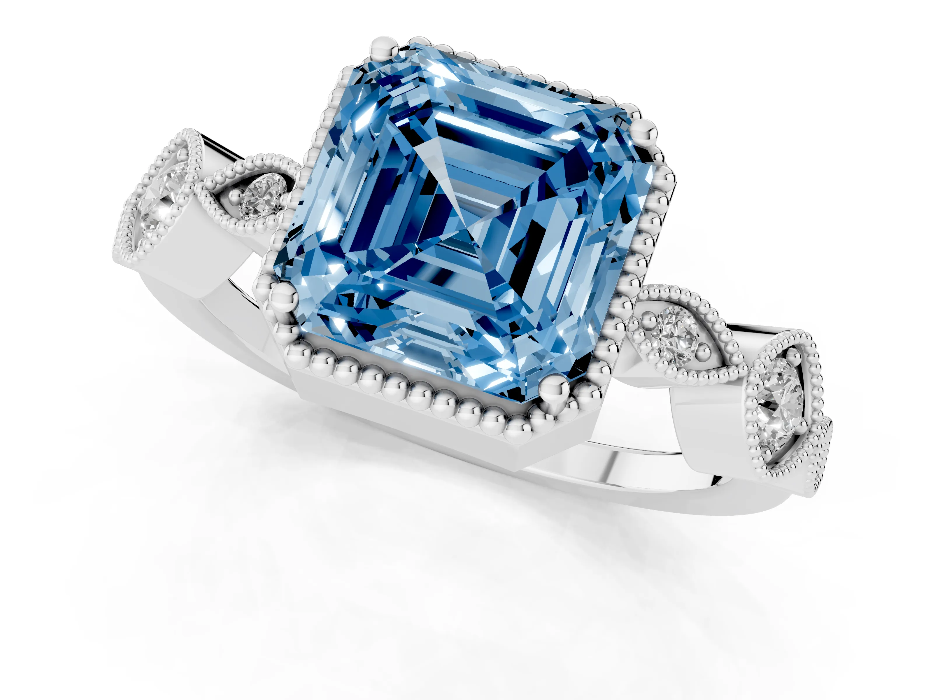 Fancy Blue Asscher Cut Diamond Vintage-Inspired Milgrain Ring Set in Platinum with Marquise Stations of Round Accents