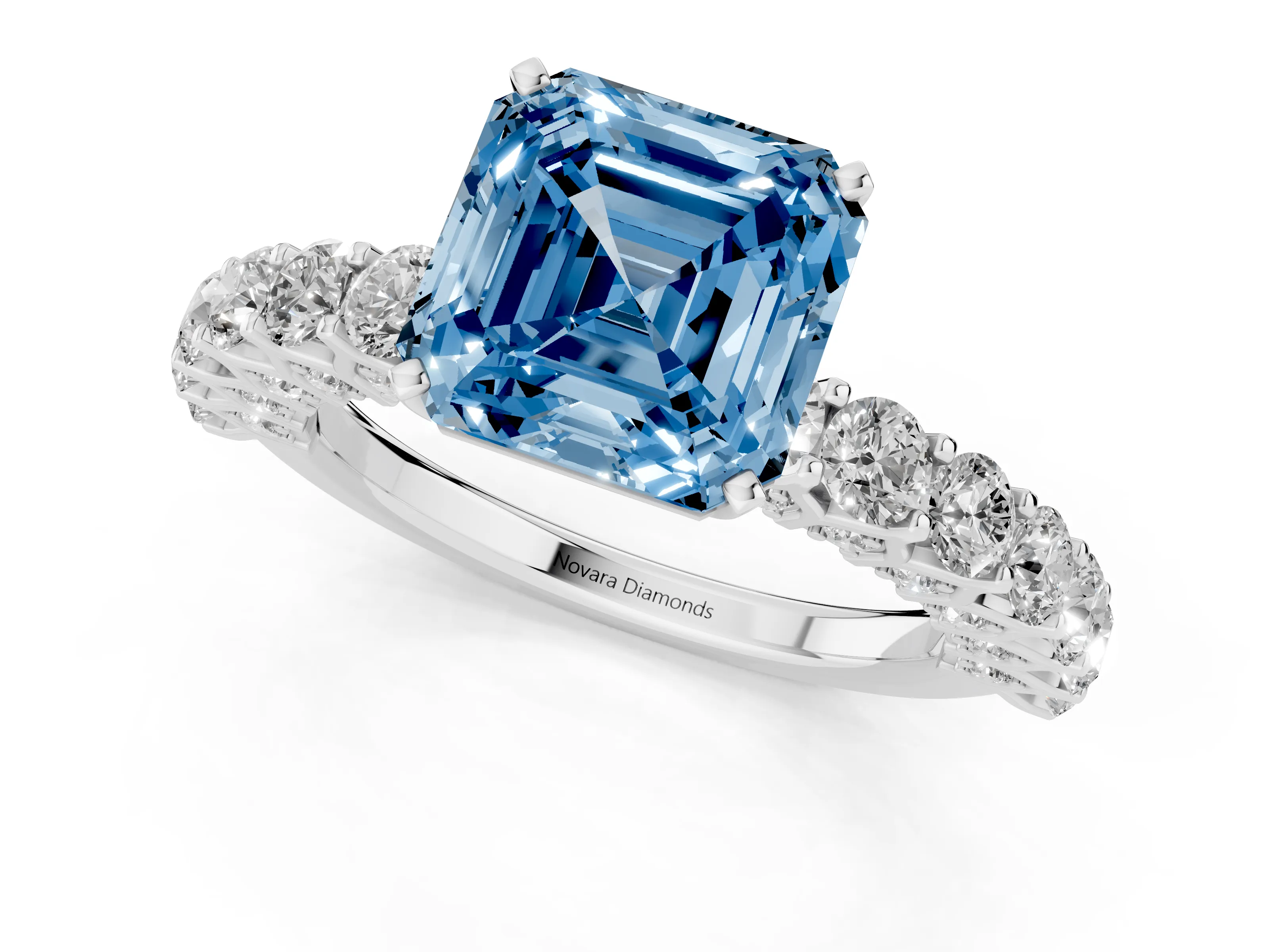 Fancy Blue Asscher Cut Diamond Solitaire Ring Set in Silver with Shared Prong Pavé Band