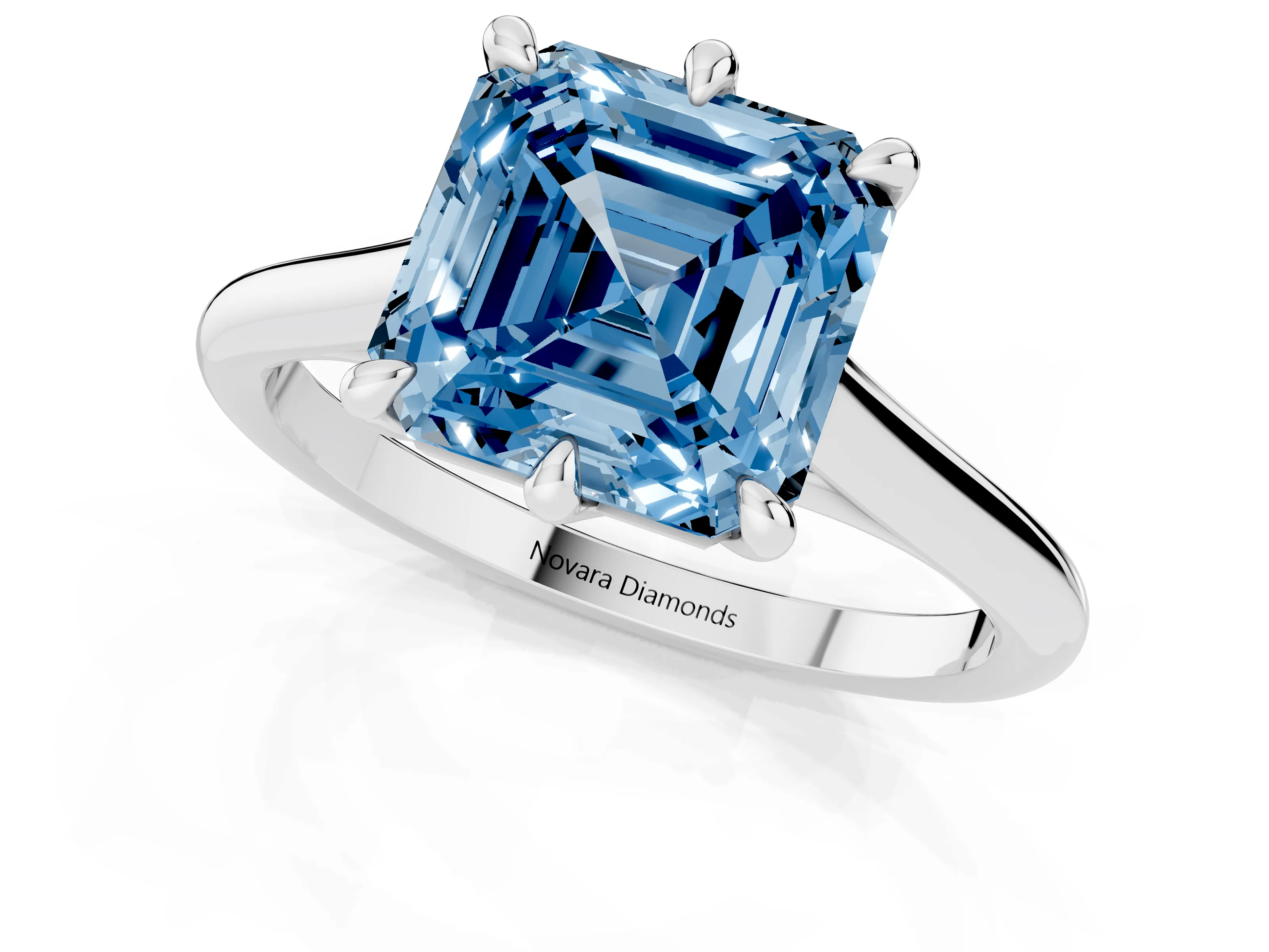 Fancy Blue Asscher Cut Diamond Solitaire Engagement Ring Set in White gold with Prong Setting and Plain Classic Band