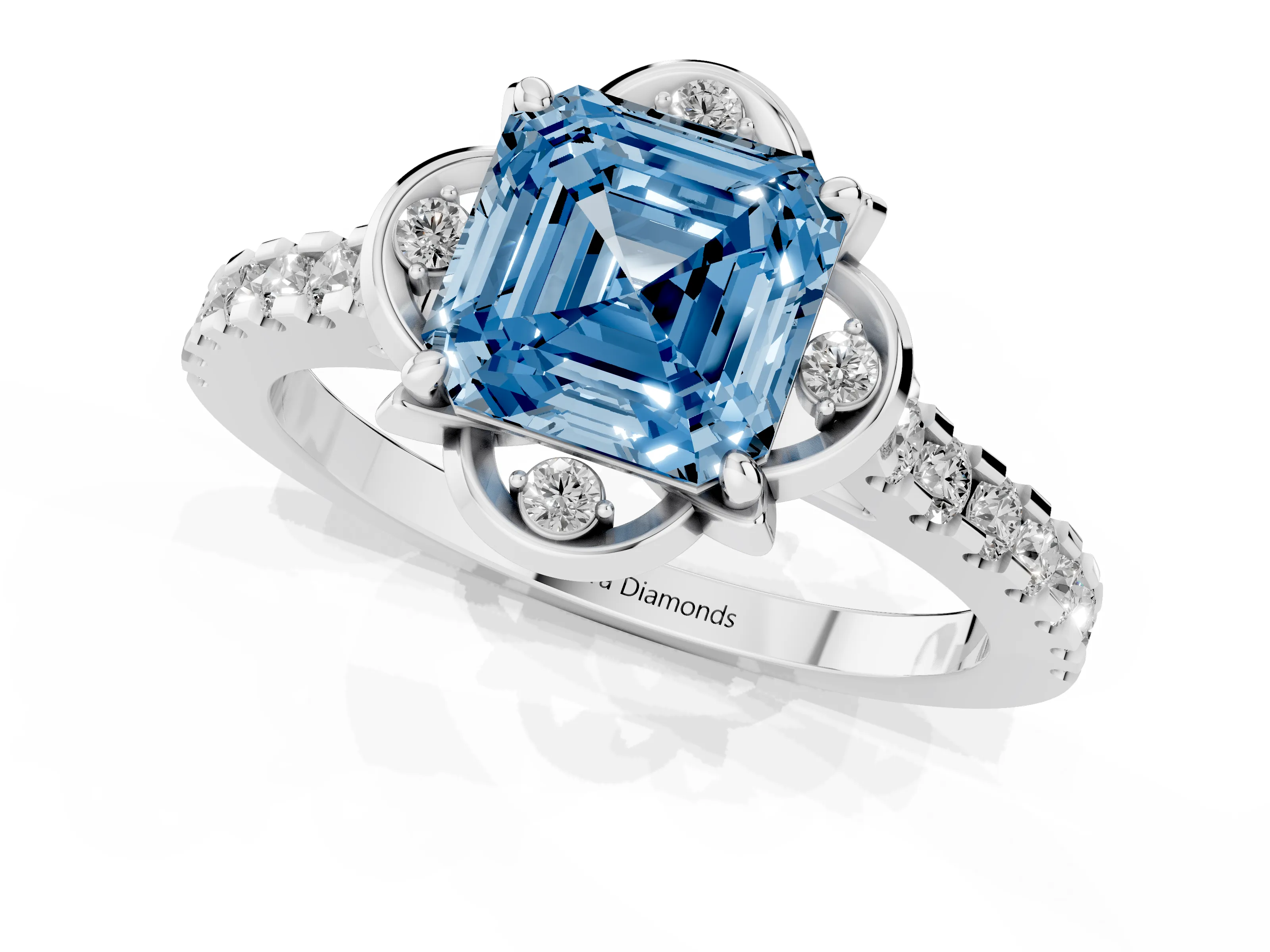 Fancy Blue Asscher Cut Diamond Solitaire Ring Set in Platinum with Pavé Band and Floral Prong Setting