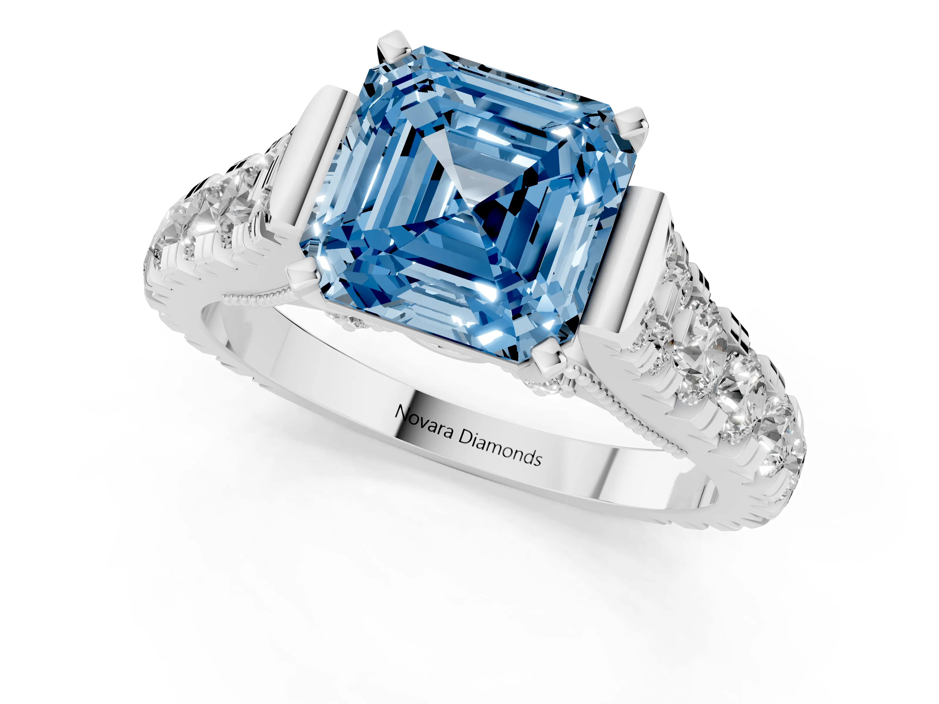 Fancy Blue Asscher Cut Diamond Classic Solitaire Ring Set in White gold with Pavé Band and Prong Setting