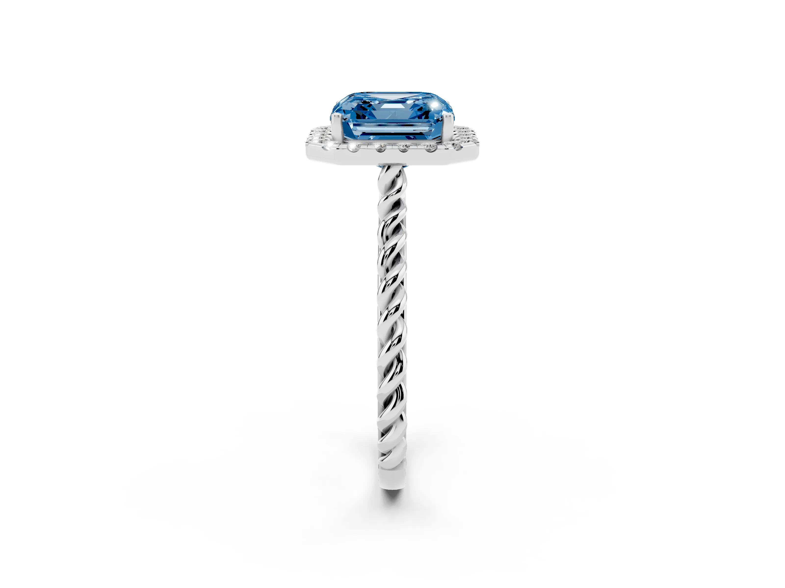 Fancy Blue Asscher Cut Diamond Halo Ring Set in Silver with Plain Twisted Band