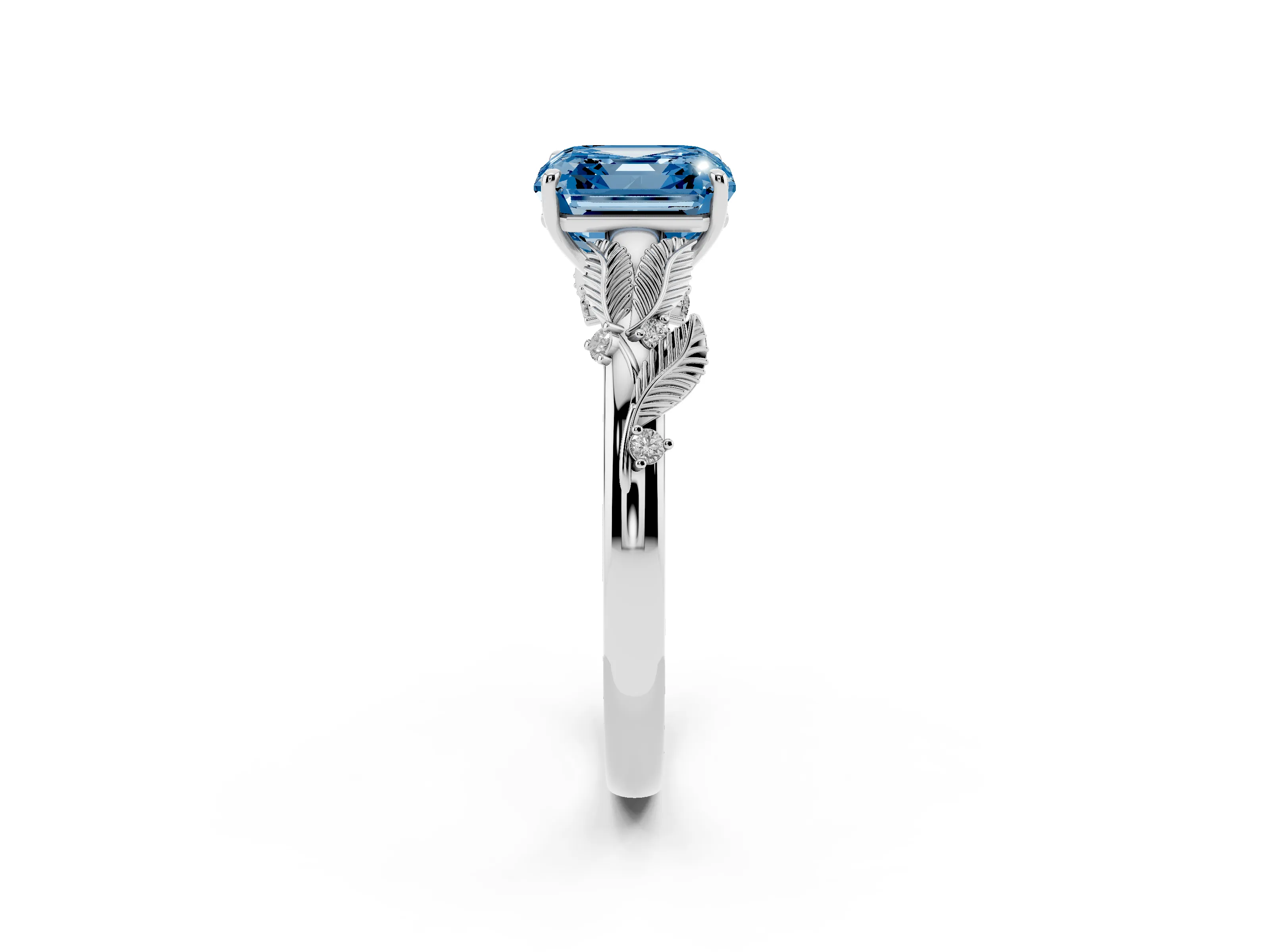 Fancy Blue Asscher Cut Diamond Solitaire Ring Set in White gold with Leaf Motif Band