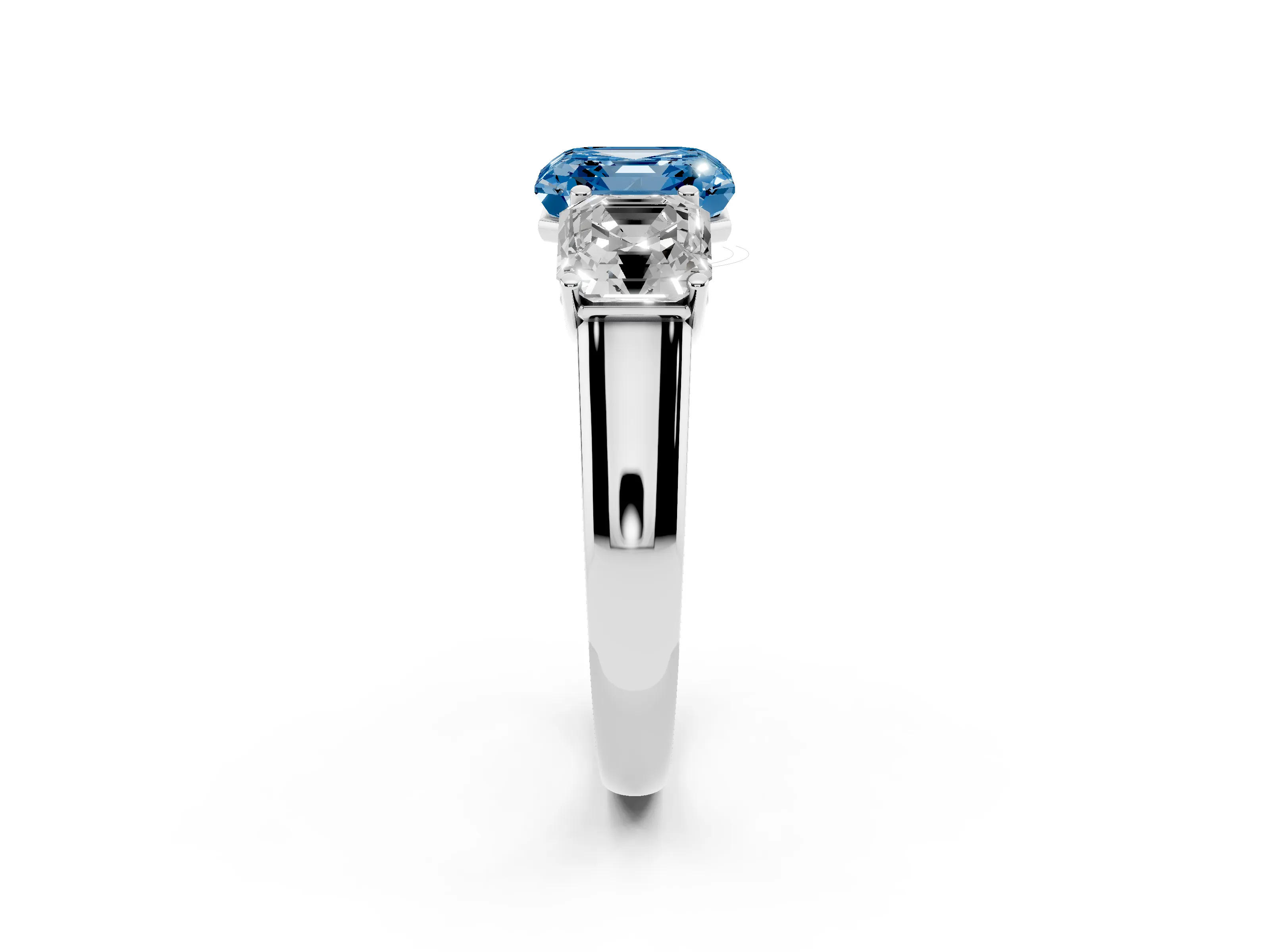 Fancy Blue Asscher Cut Diamond Three-Stone Ring Set in White gold with Plain Polished Band