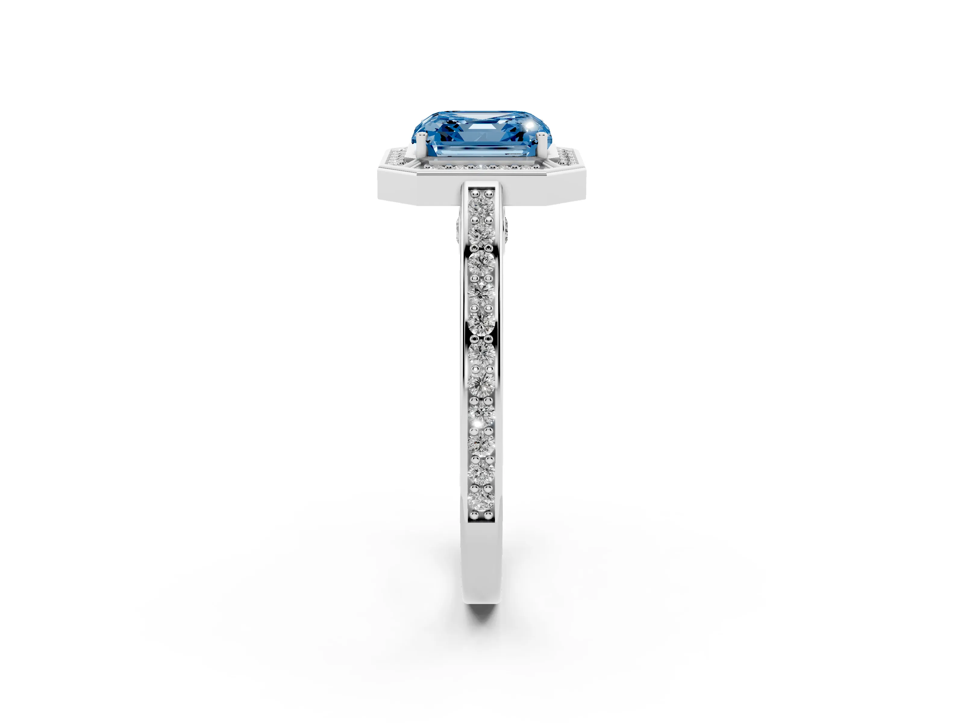 Fancy Blue Asscher Cut Diamond Halo Pavé Split Shank Ring Set in White gold with Prong Setting