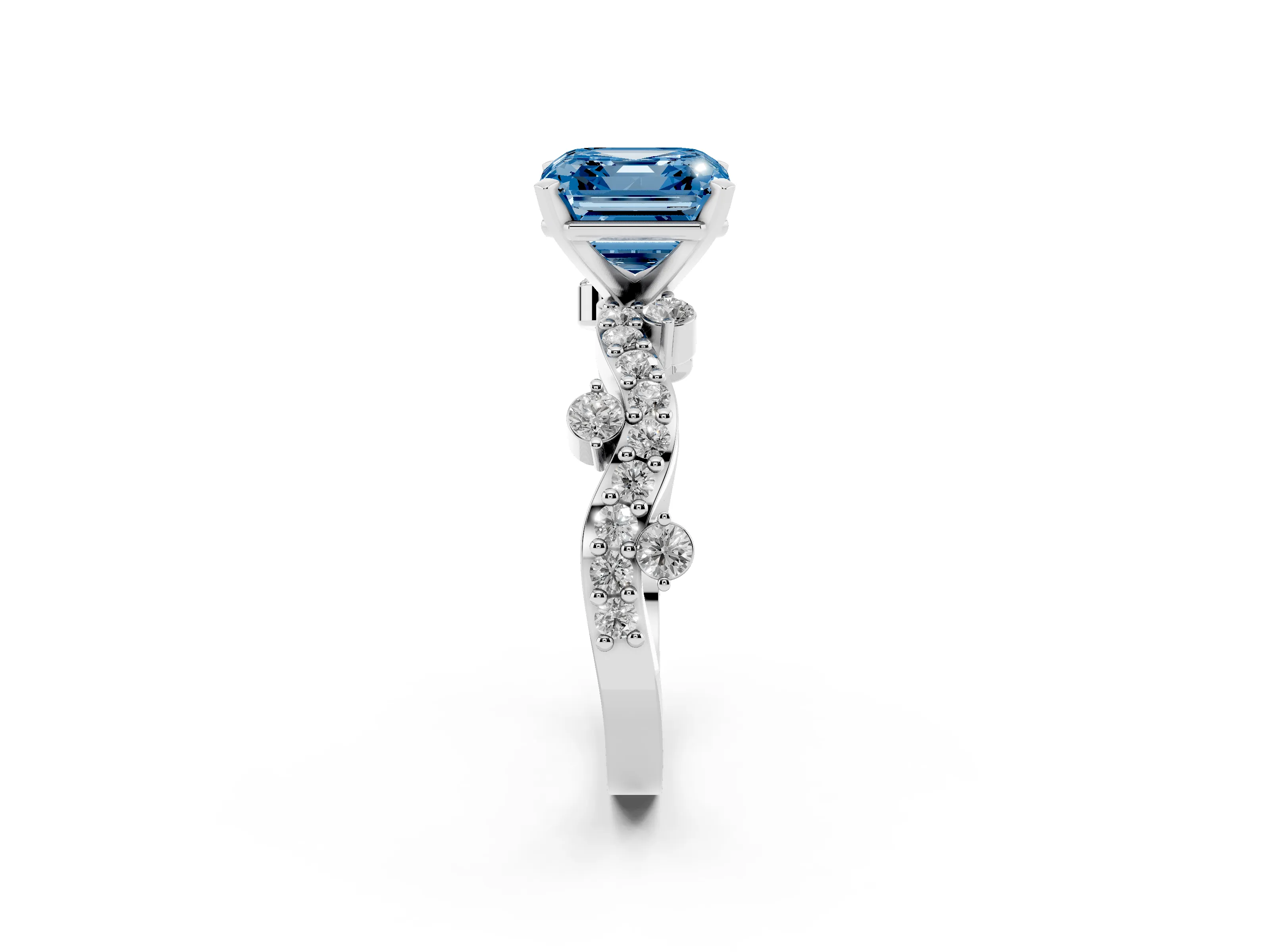 Fancy Blue Asscher Cut Diamond Solitaire Twisted Band Set in White gold with Pavé Setting