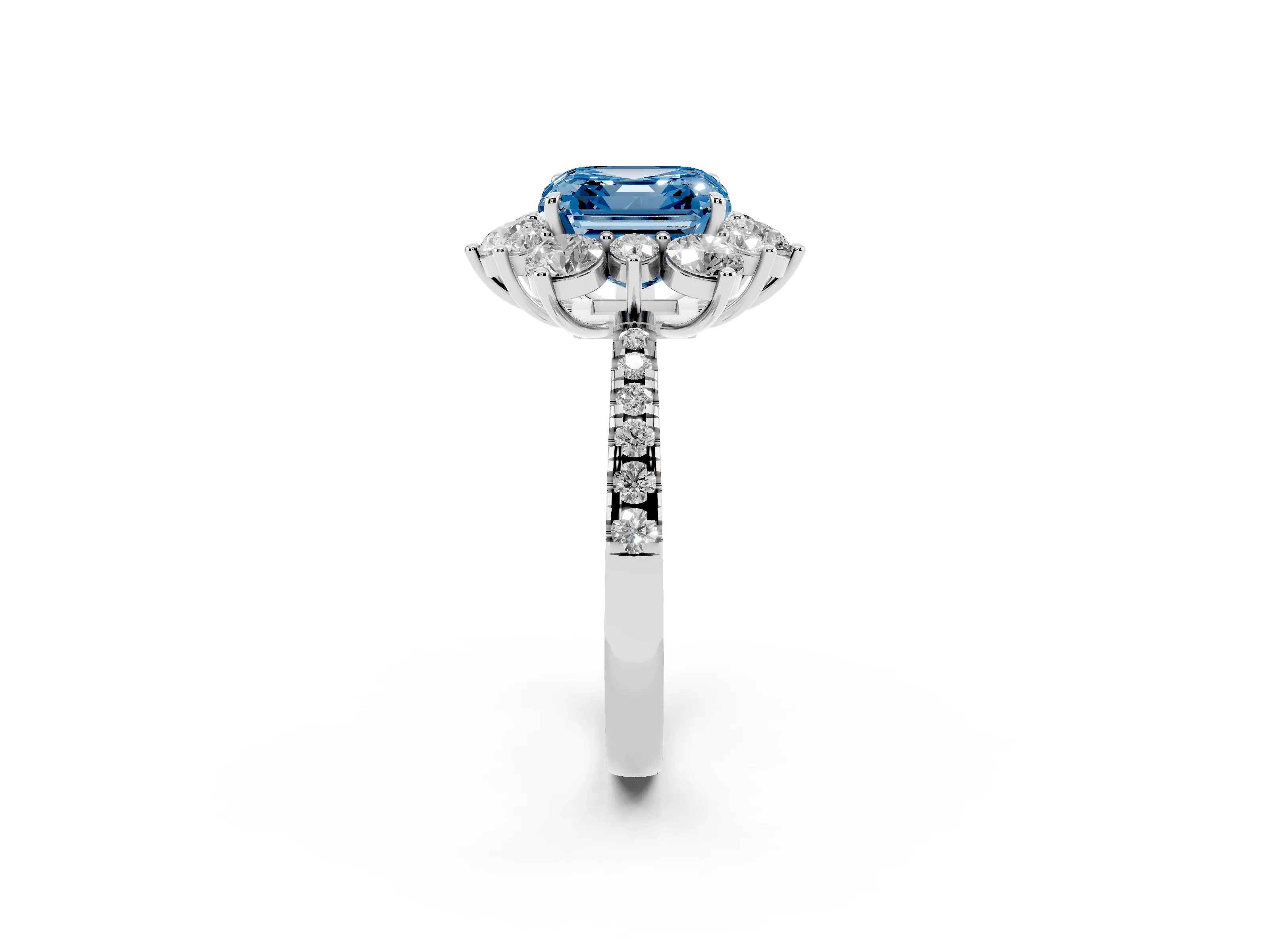 Fancy Blue Asscher Cut Diamond Floral Halo Ring Set in White gold with Round Pavé Band and Prong Setting