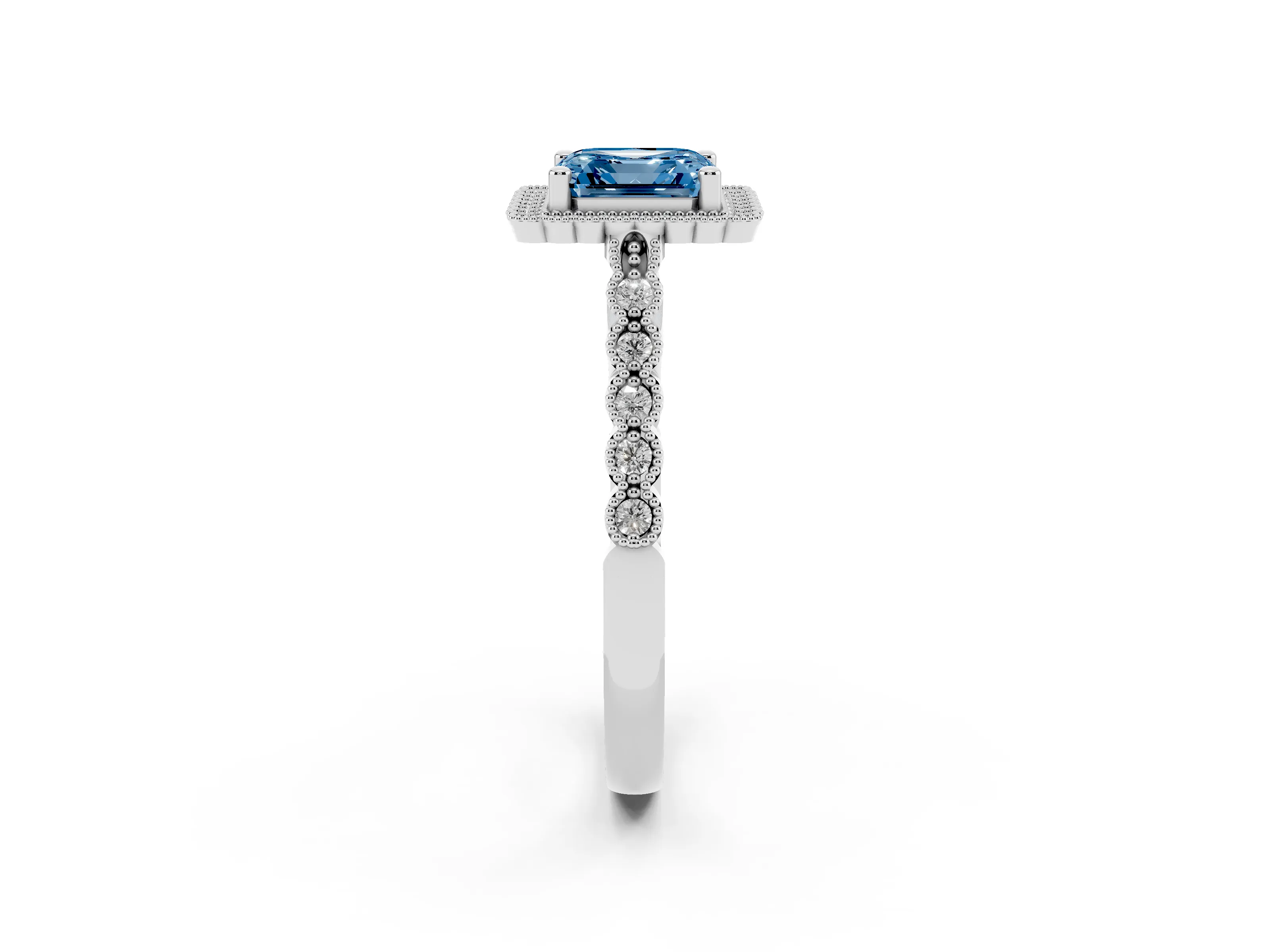 Fancy Blue Asscher Cut Diamond Halo Ring Set in Platinum with Pavé Milgrain Band