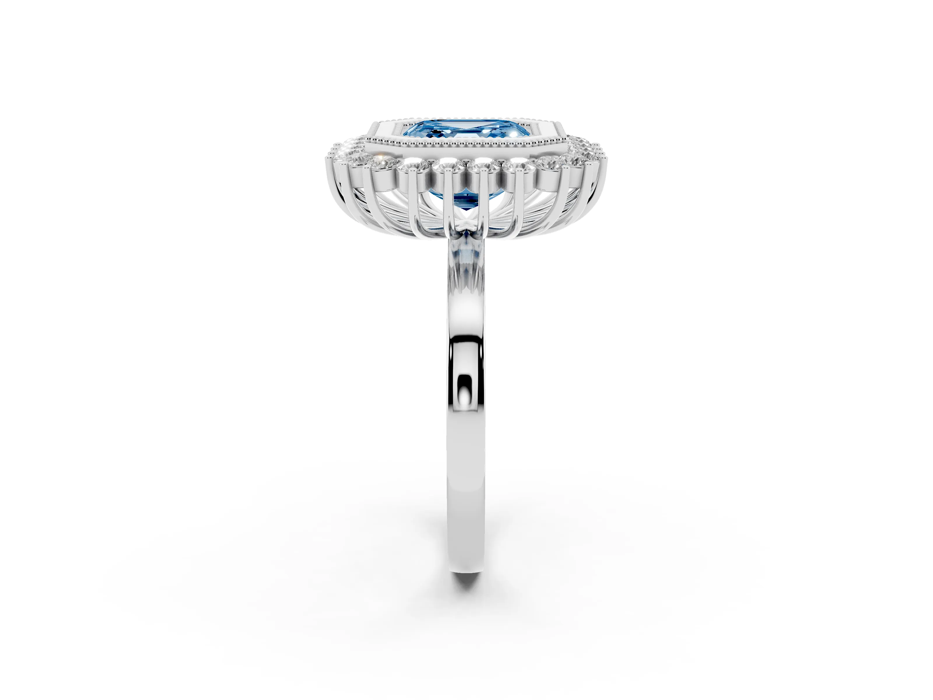 Fancy Blue Asscher Cut Diamond Halo Ring Set in White gold with Milgrain Edge and Round Prong Setting