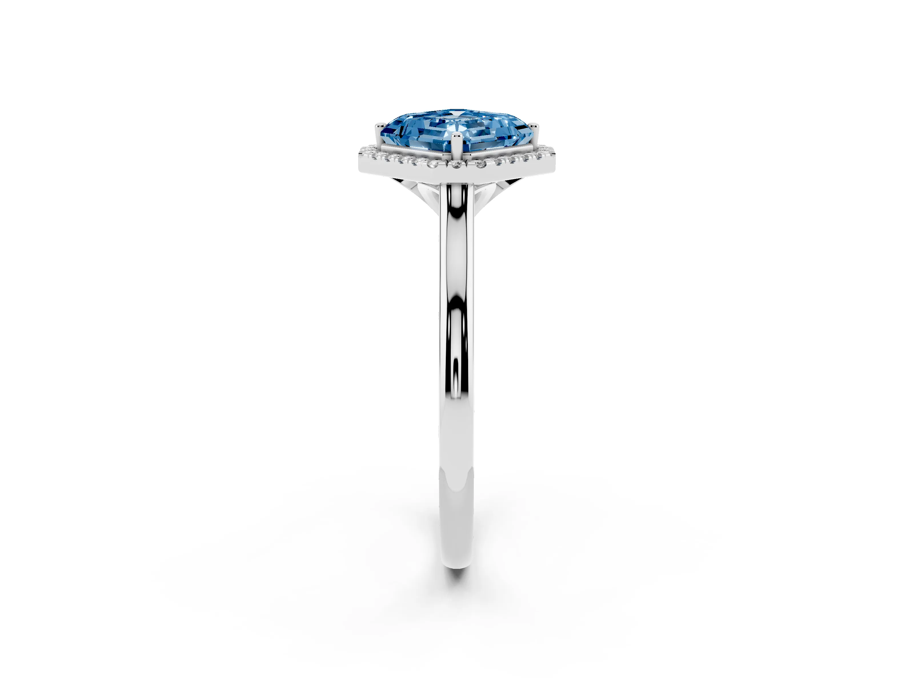 Fancy Blue Asscher Cut Diamond Halo Engagement Ring Set in White gold with Pavé Band and Rising Shoulders