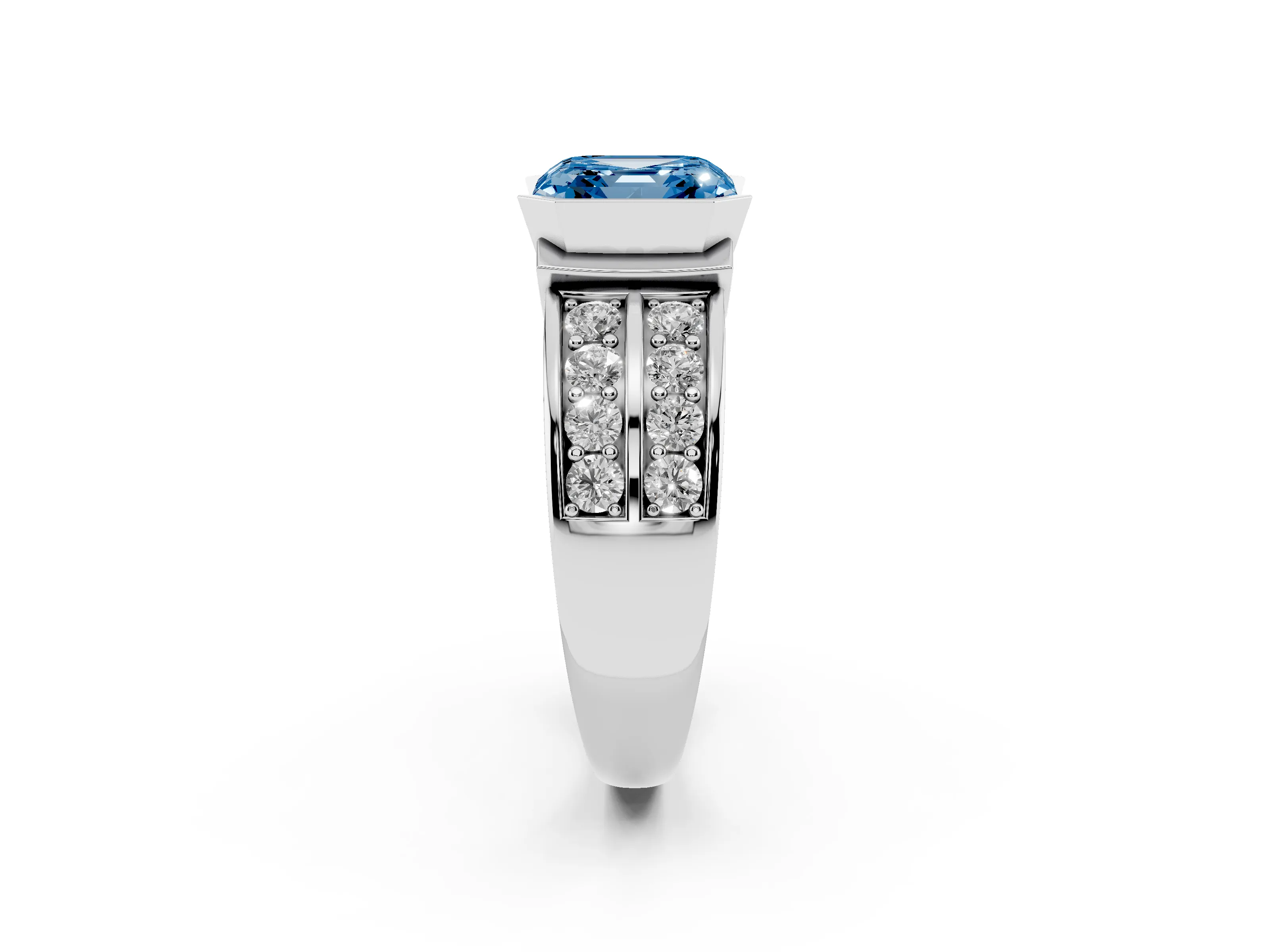 Fancy Blue Asscher Cut Diamond Wide Channel Set Band Ring Set in Silver with Bezel Setting