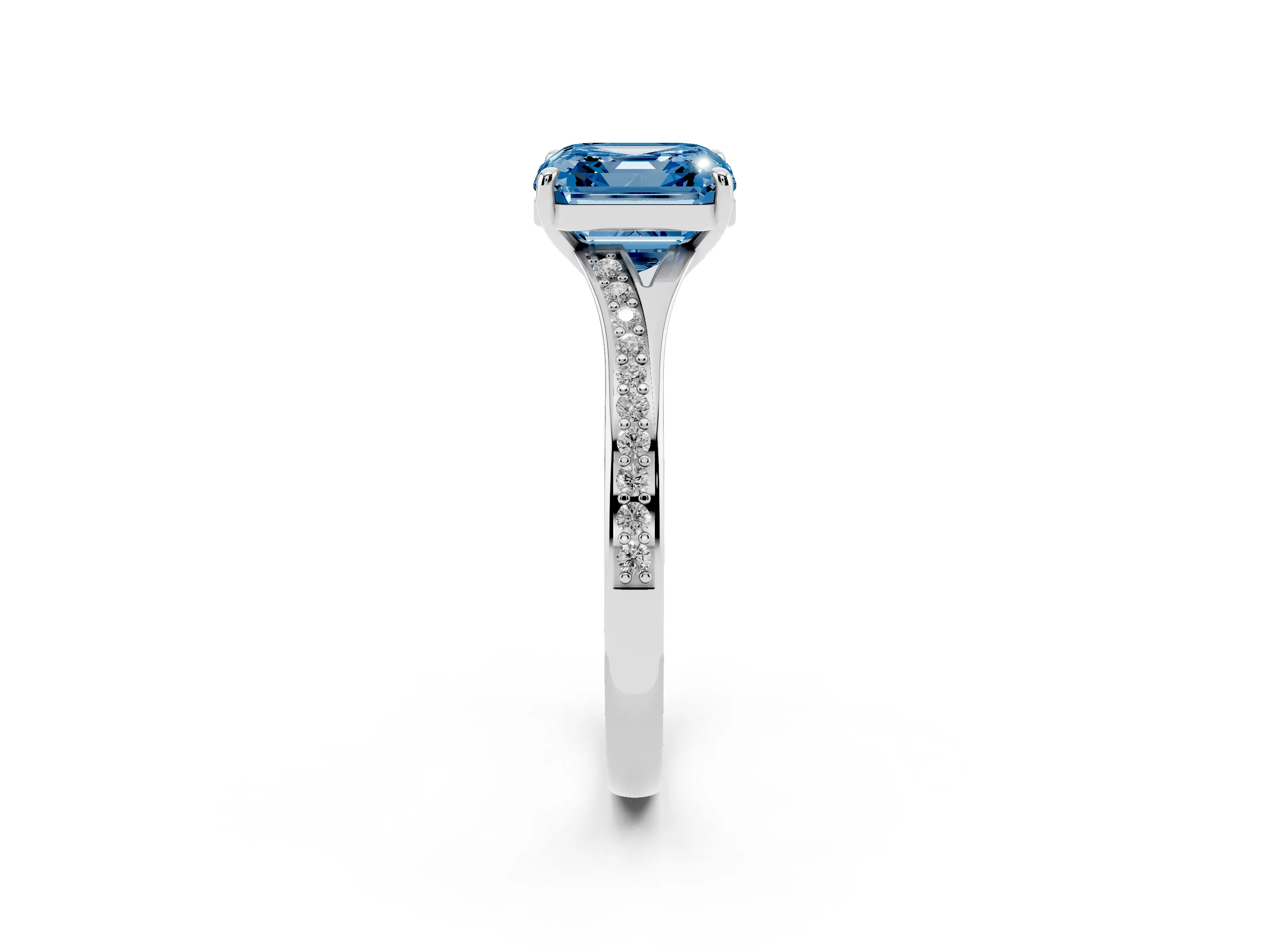 Fancy Blue Asscher Cut Diamond Solitaire Ring Set in Silver with Pavé Accent Band and Classic Prong Setting