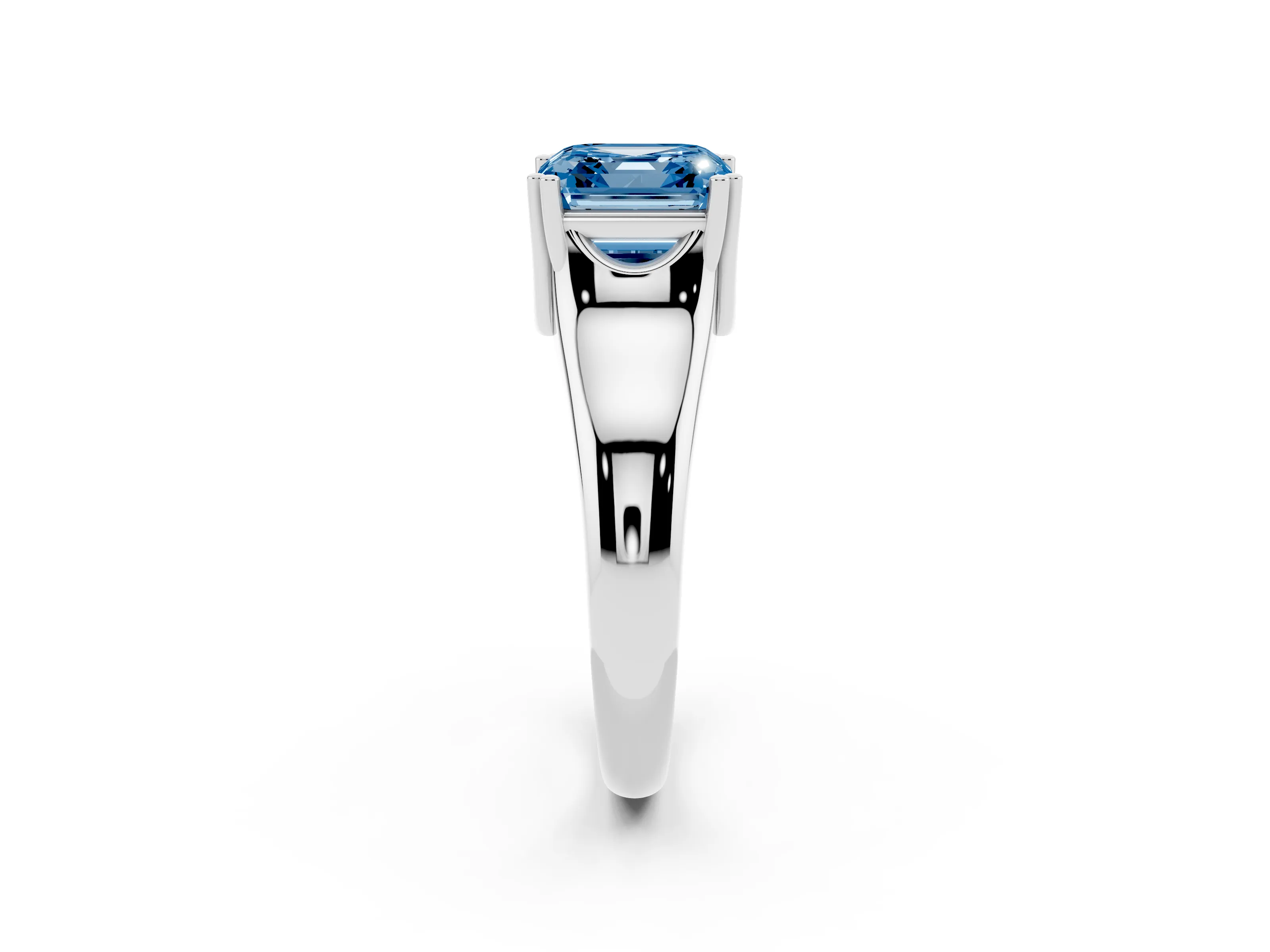 Fancy Blue Asscher Cut Diamond Solitaire Ring Set in Platinum with Wide Band and Prong Setting