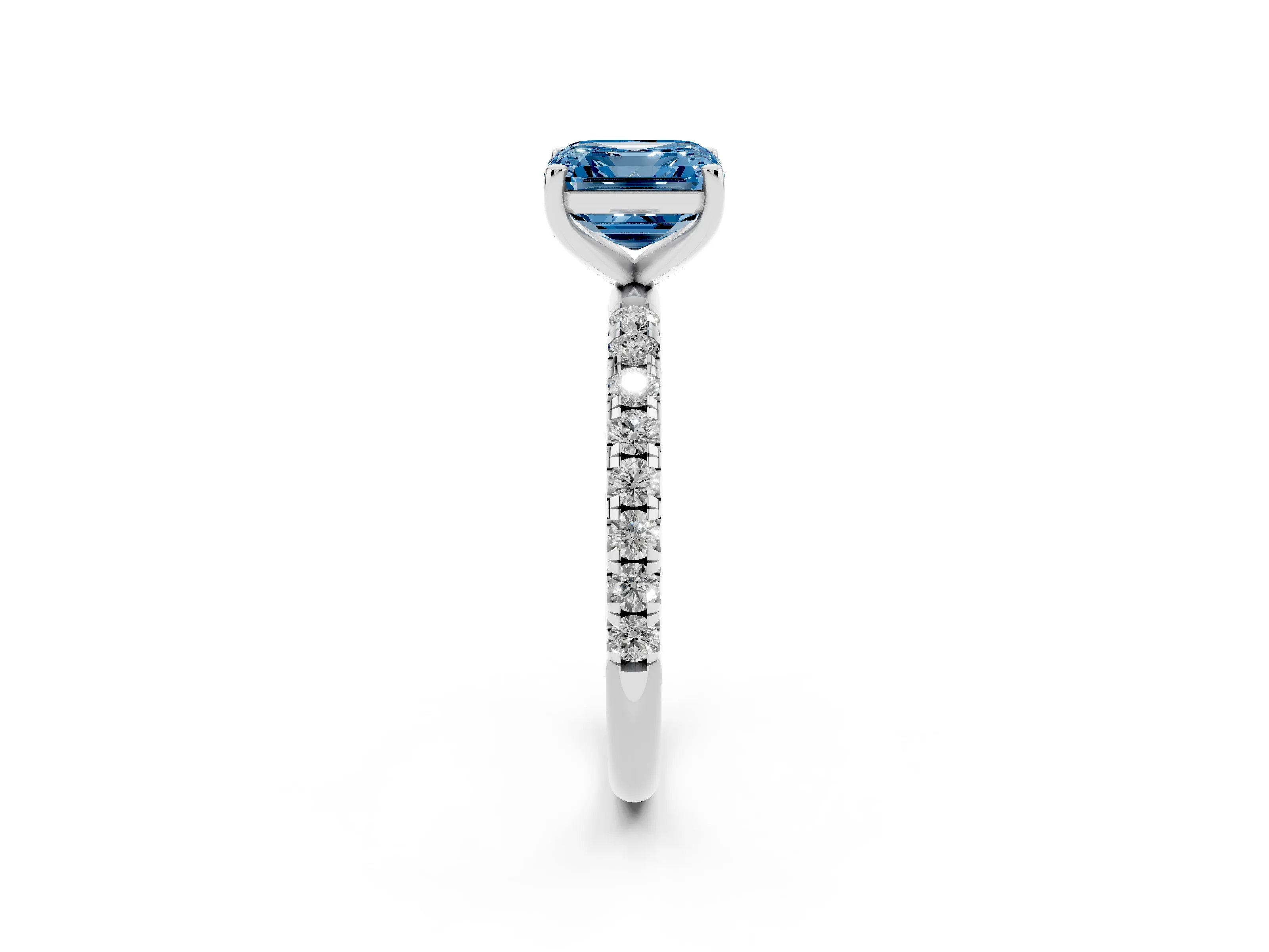 Fancy Blue Asscher Cut Diamond Solitaire Ring Set in Silver with Micro Pavé Band and Prong Setting