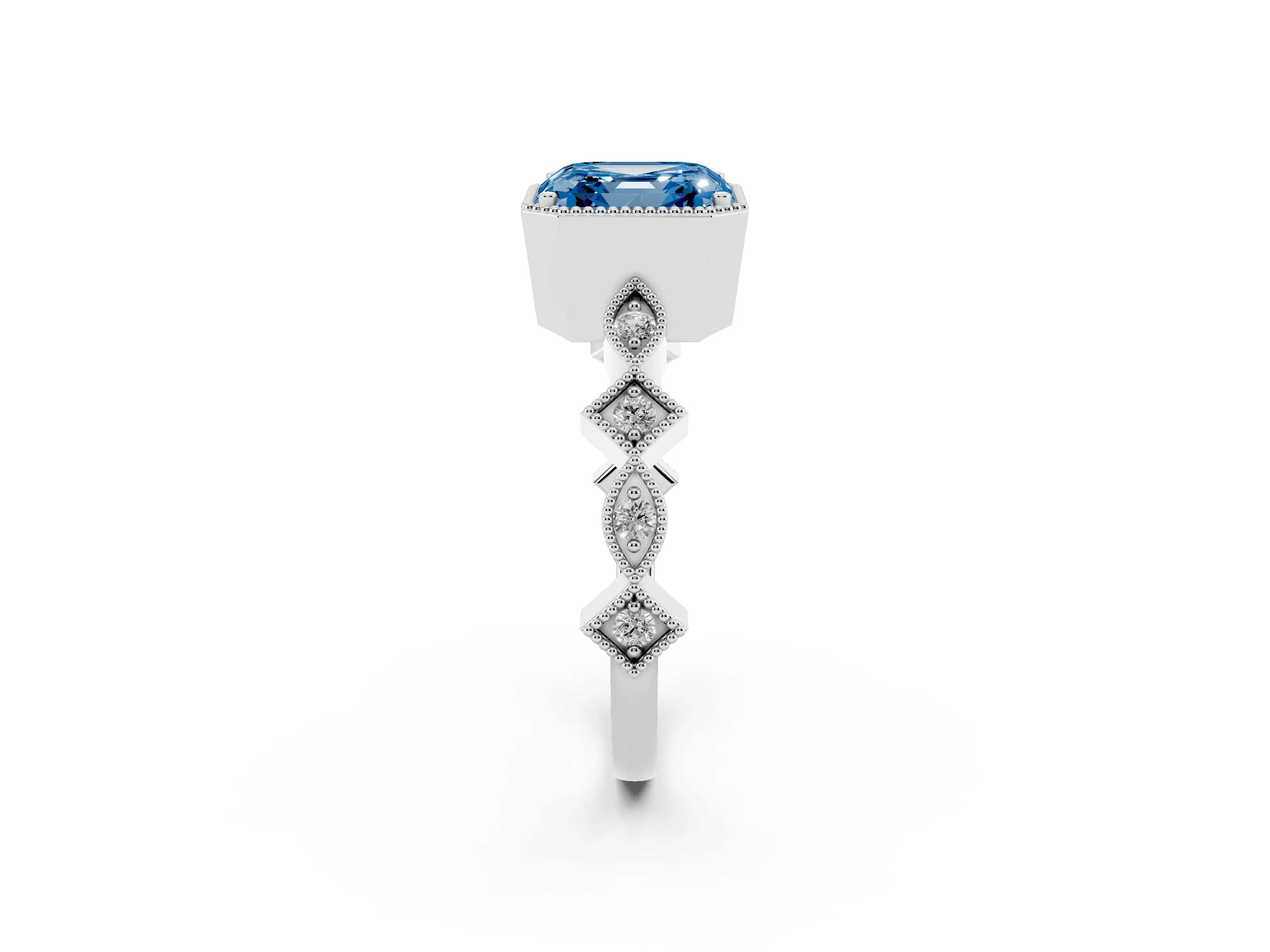 Fancy Blue Asscher Cut Diamond Milgrain Marquise Twist Band Ring Set in Silver with Prong Setting