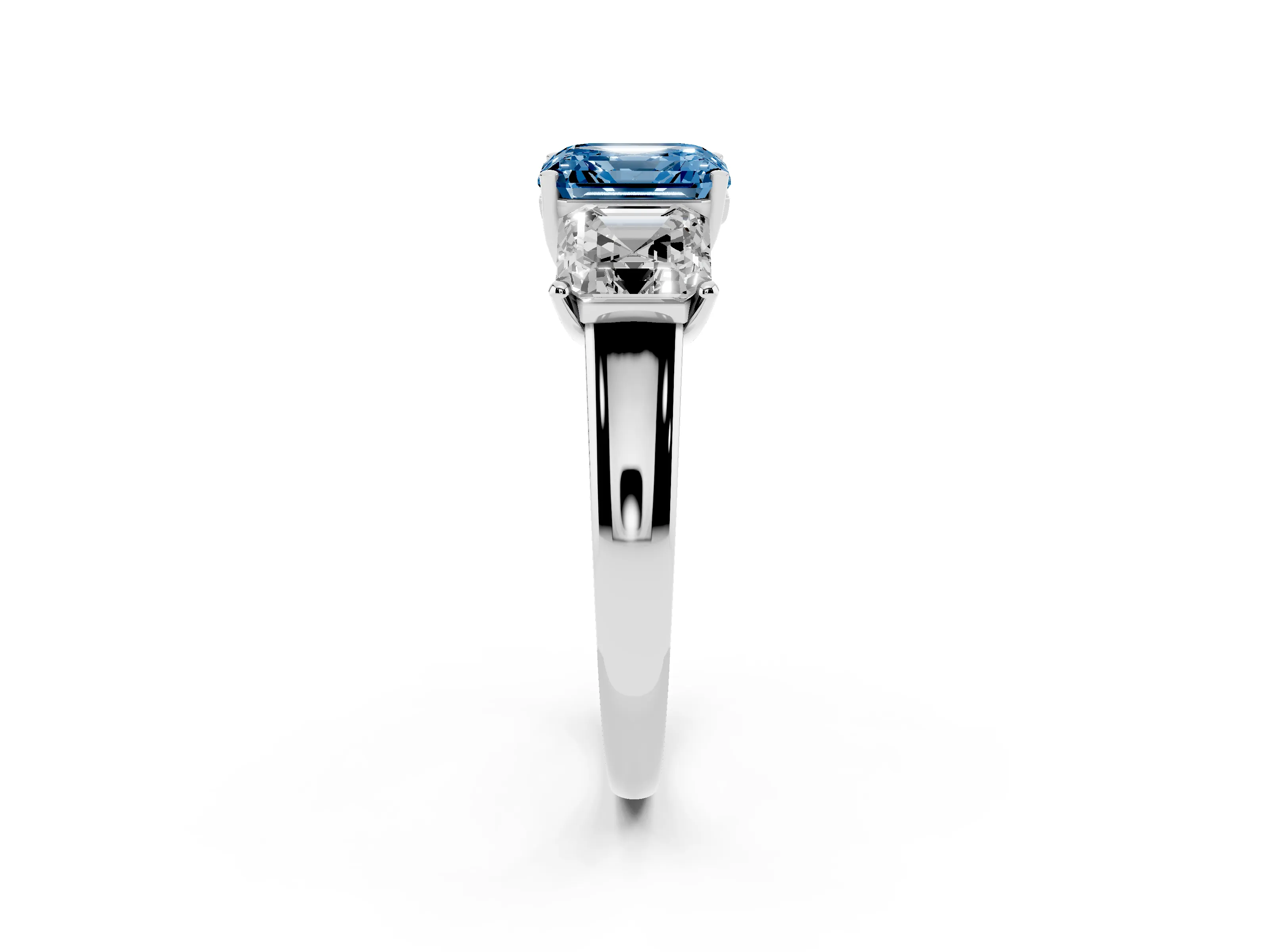 Fancy Blue Asscher Cut Diamond Three-Stone Ring Set in Silver with Classic Prong Setting and Plain Band