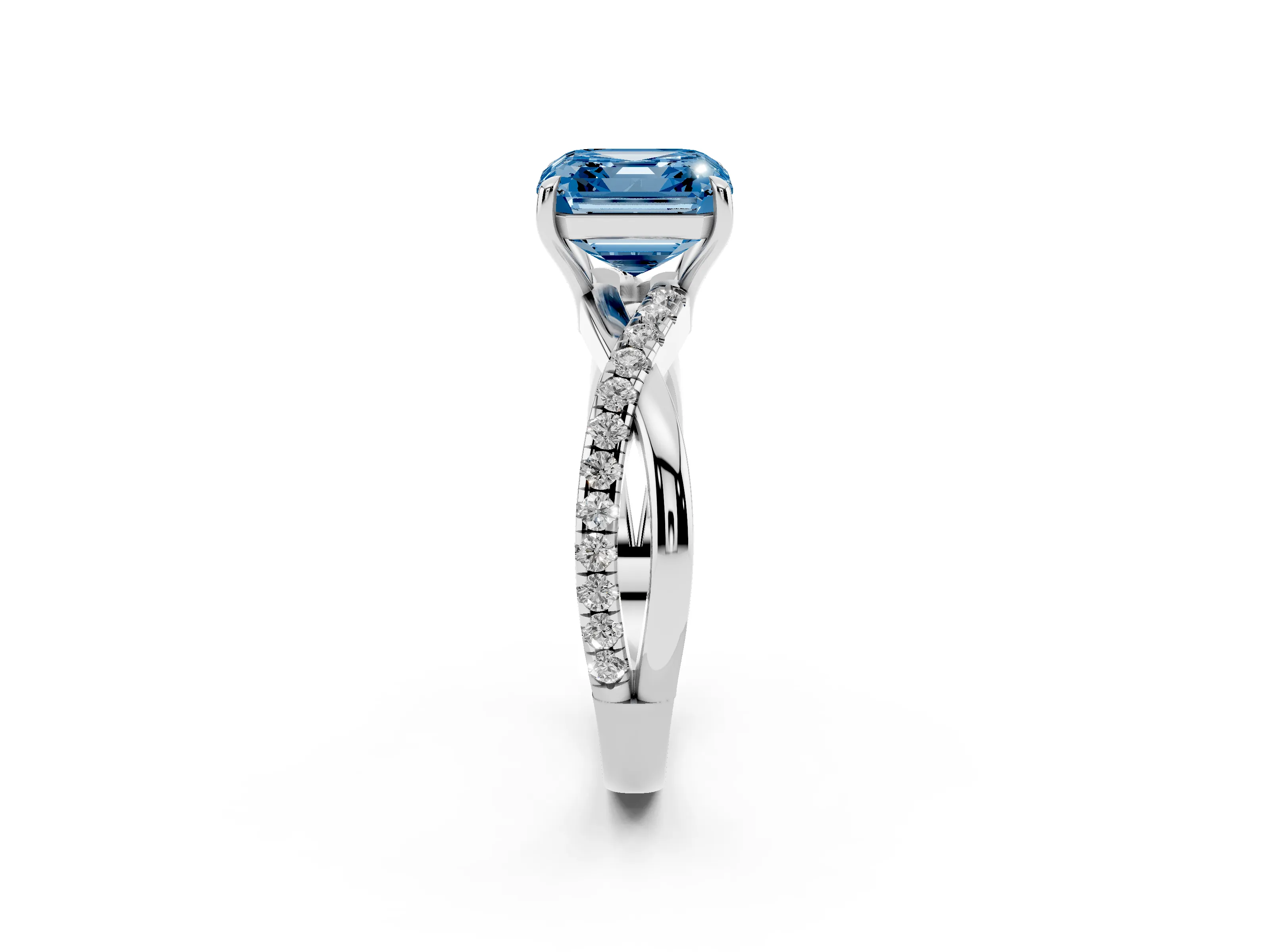 Fancy Blue Asscher Cut Diamond Twisted Pavé Band Ring Set in Silver with Prong Setting