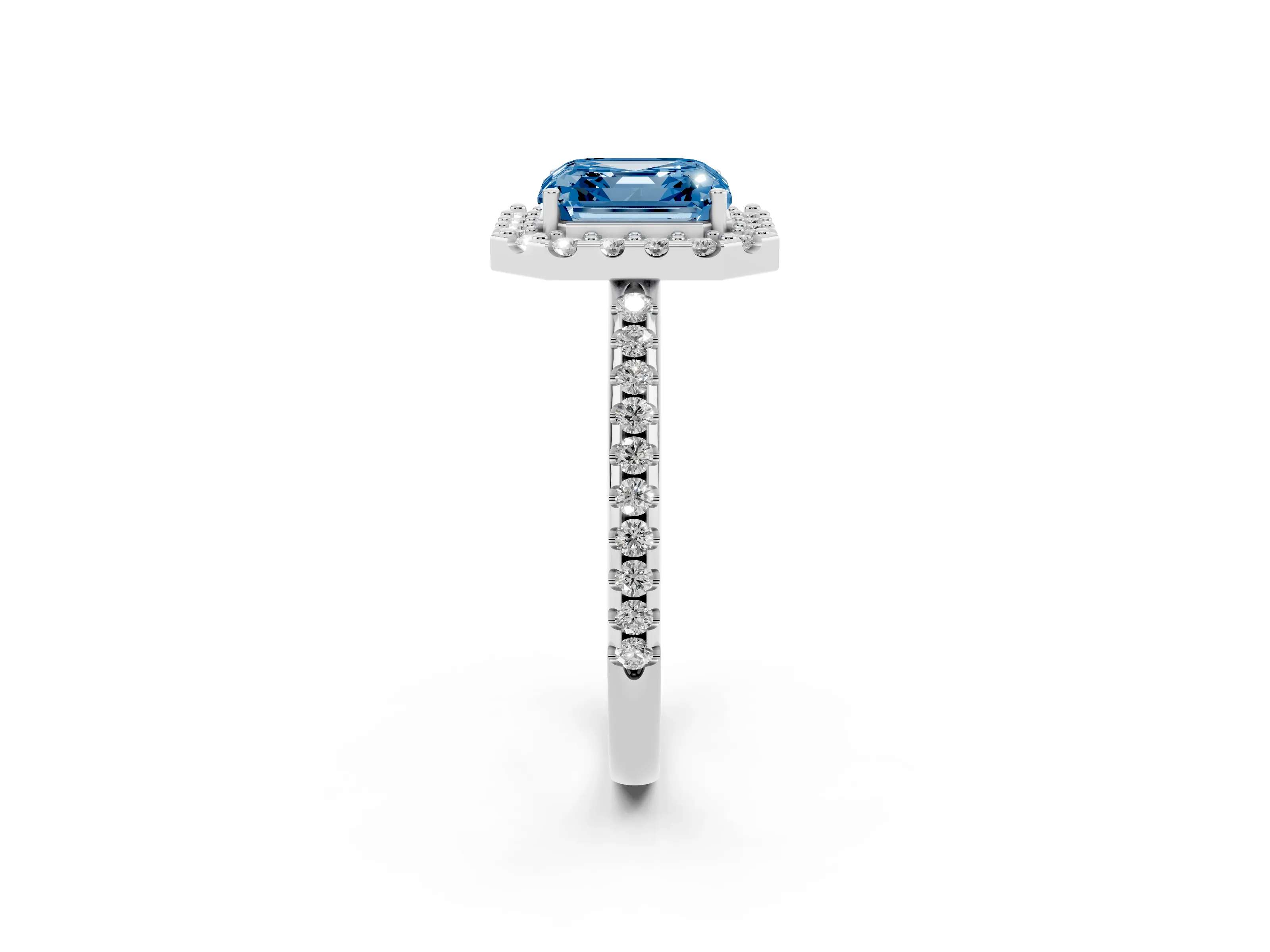 Fancy Blue Asscher Cut Diamond Pavé Halo Ring Set in White gold with Prong Setting