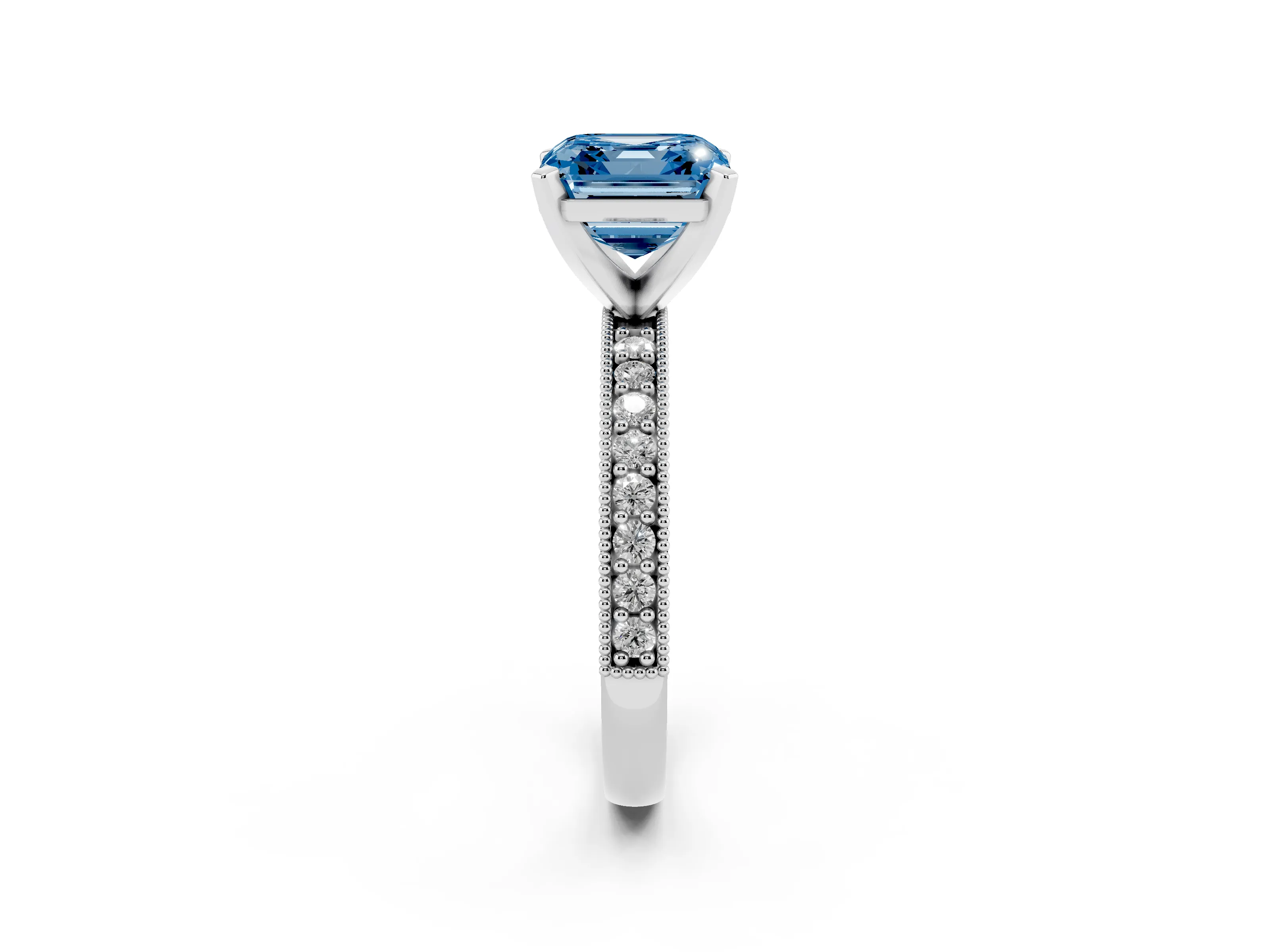 Fancy Blue Asscher Cut Diamond Milgrain Pavé Engagement Ring Set in Silver with Prong Setting