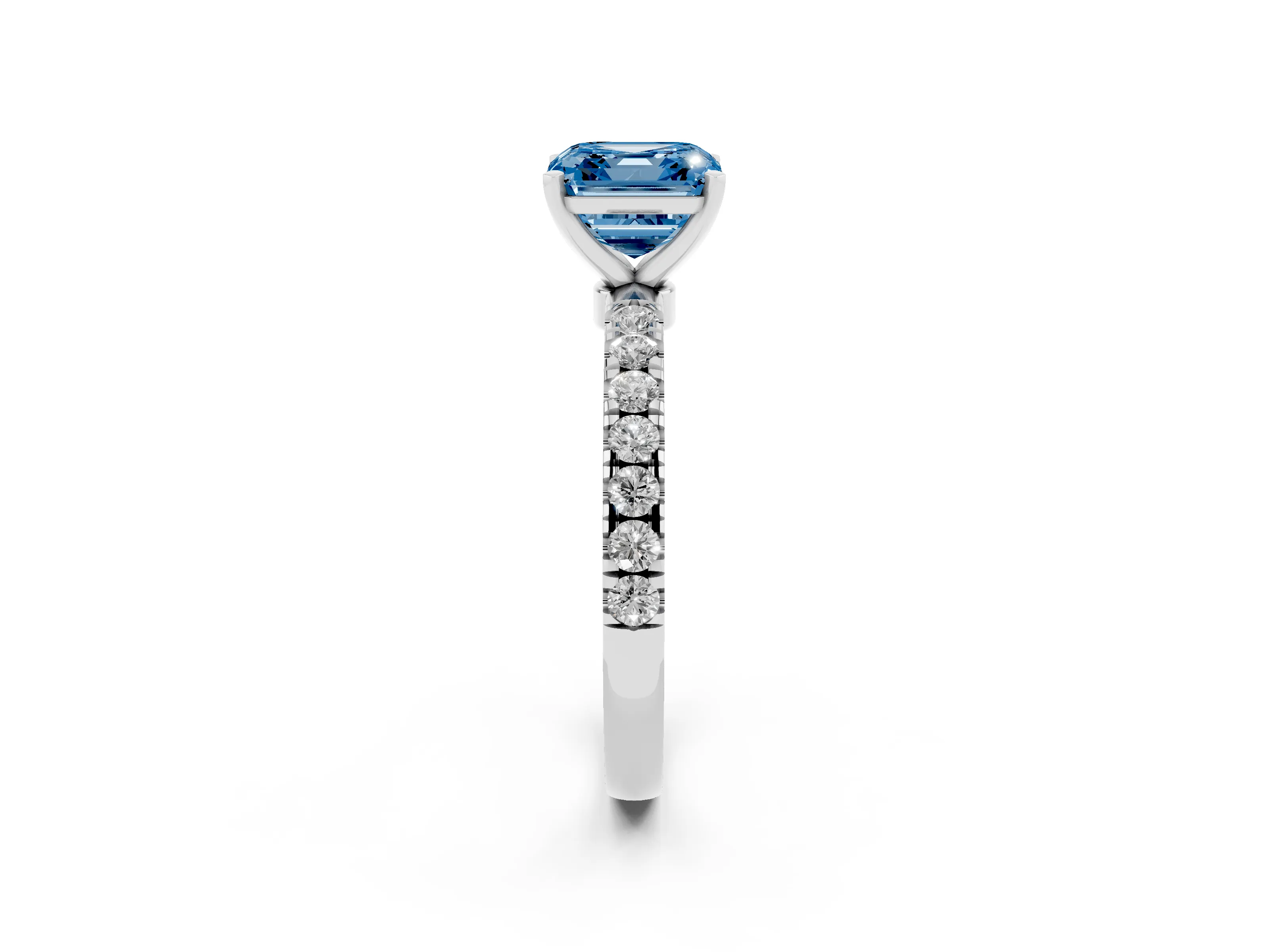 Fancy Blue Asscher Cut Diamond Solitaire Ring Set in Platinum with Pavé Accents and Prong Setting