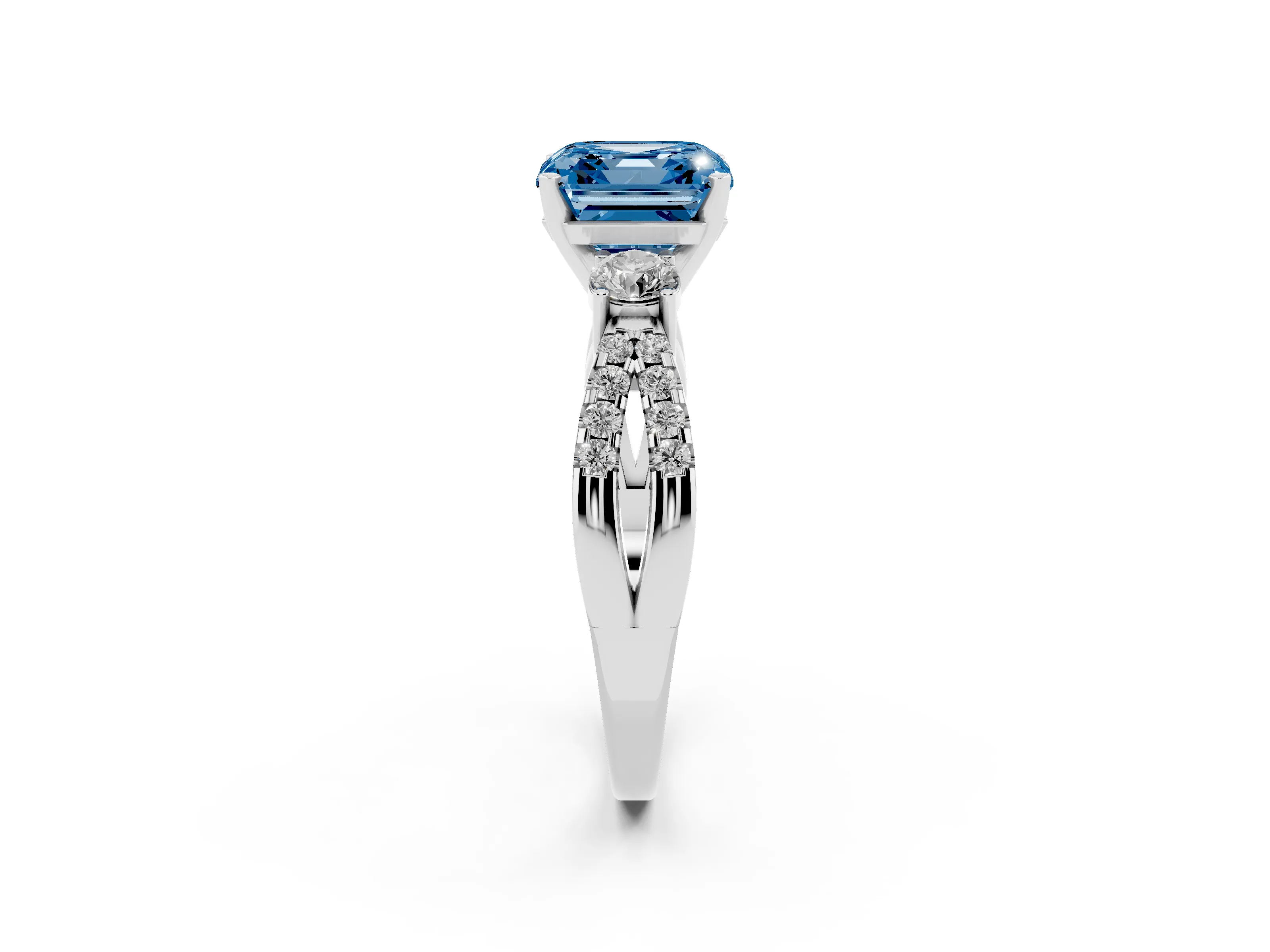Fancy Blue Asscher Cut Diamond Three-Stone Ring Set in White gold with Pavé Split Shank and Prong Setting