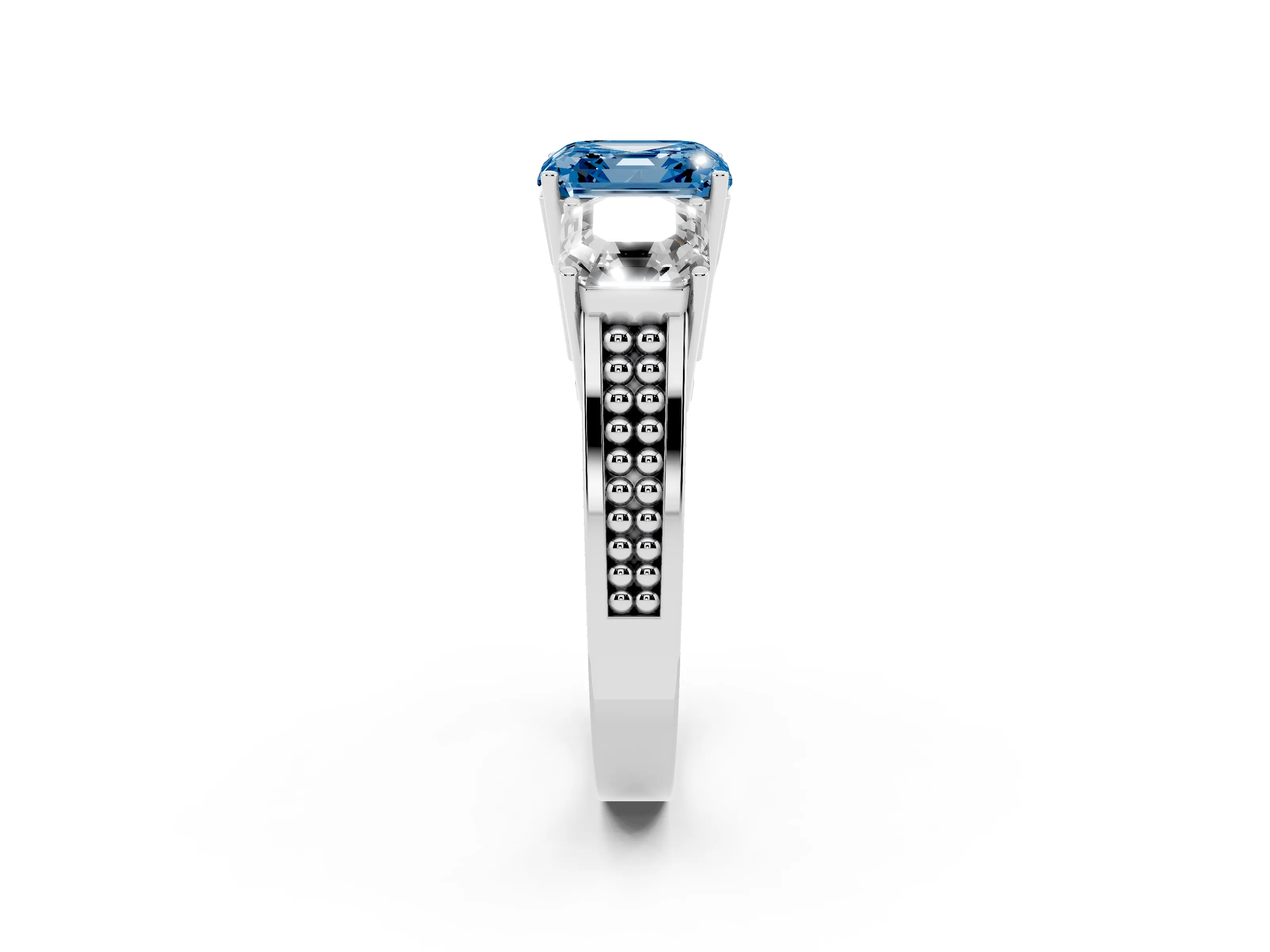 Fancy Blue Asscher Cut Diamond Three-Stone Ring Set in White gold with Textured Band
