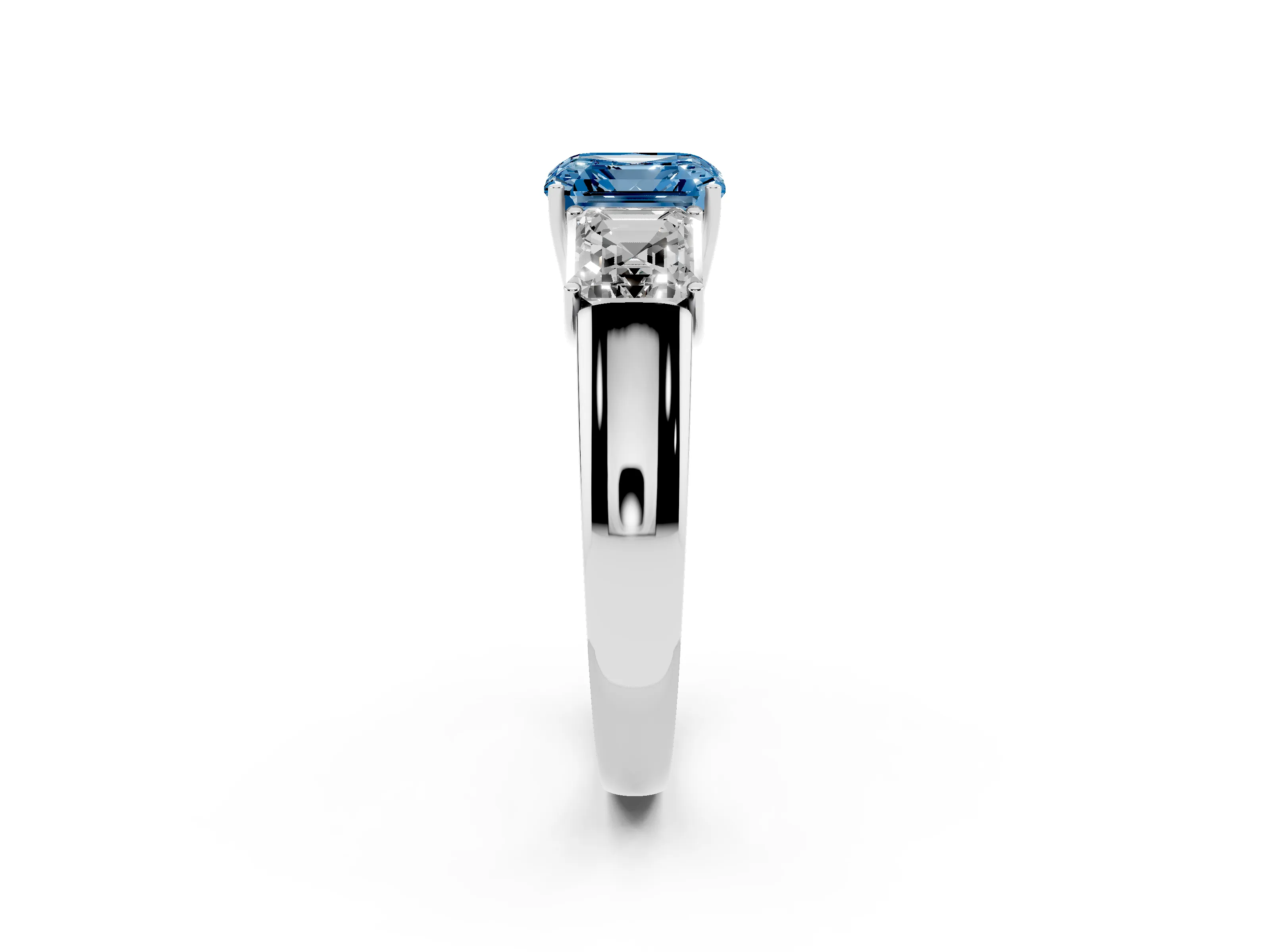 Fancy Blue Three-Stone Asscher Cut Diamond Ring Set in Silver with Matching Prong Settings and Plain Band