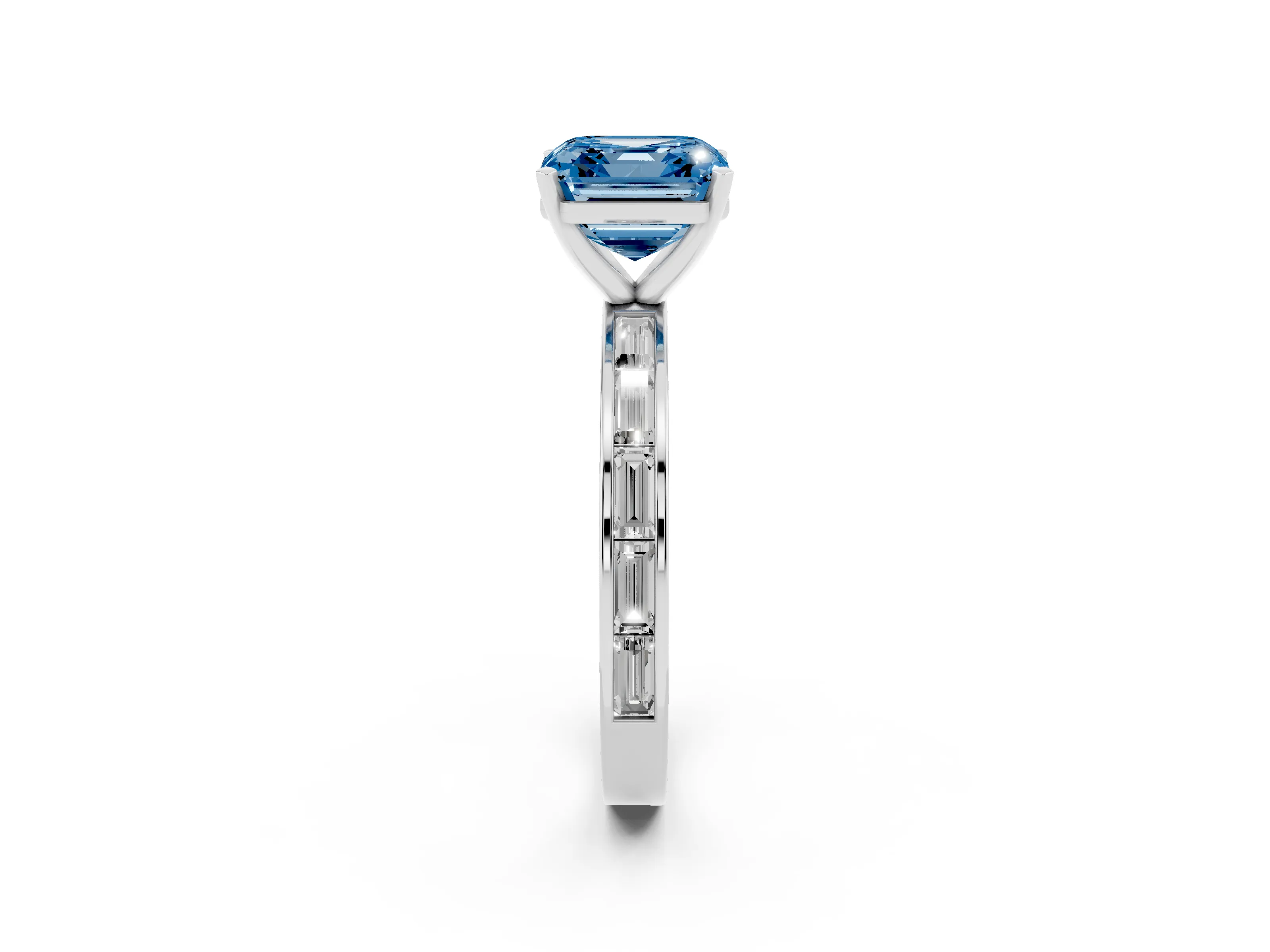 Fancy Blue Asscher Cut Diamond Solitaire Ring Set in White gold with Channel-Set Baguette Band and Prong Setting