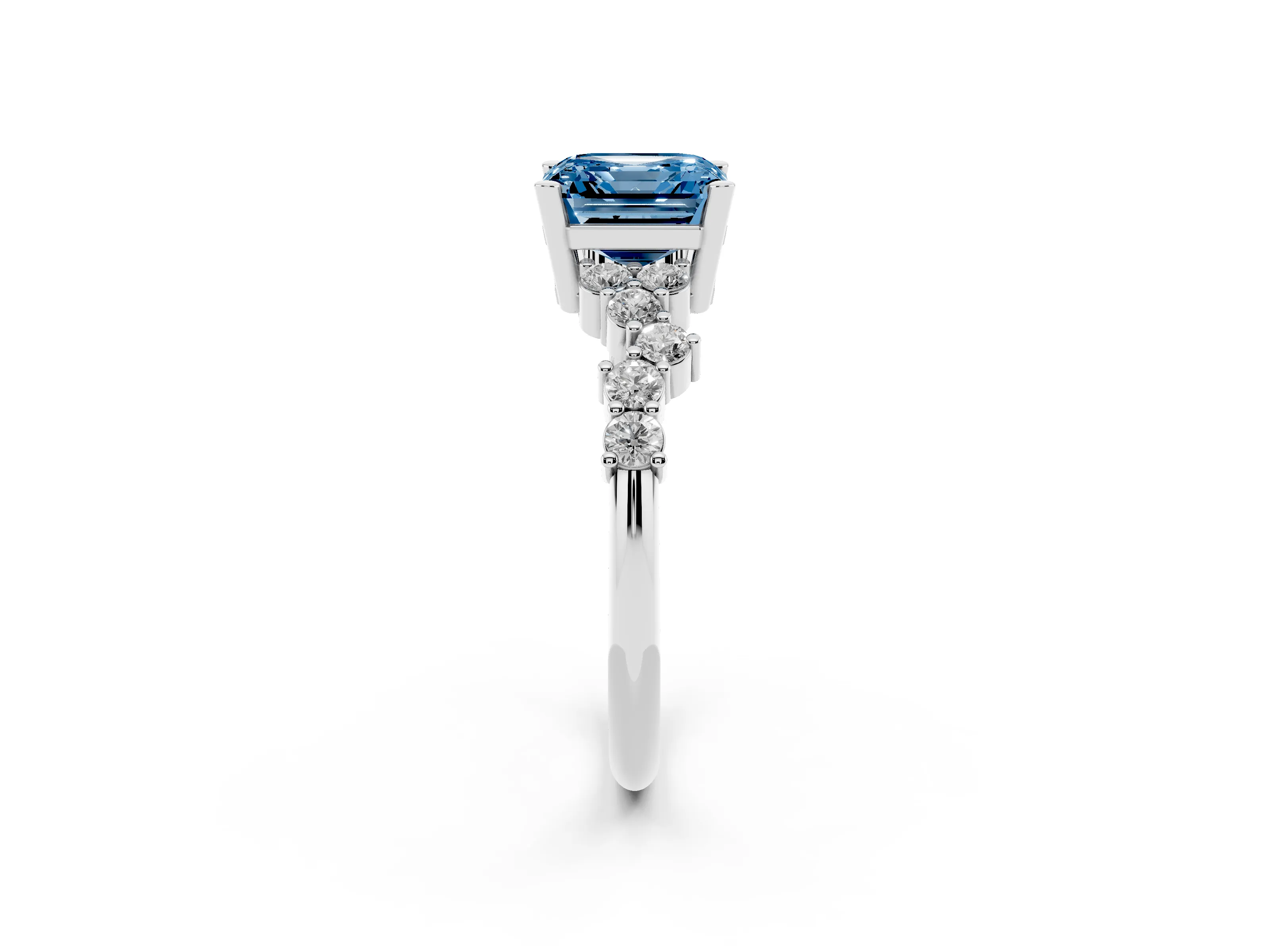 Fancy Blue Asscher Cut Diamond Ring Set in Silver with Scattered Round Accents