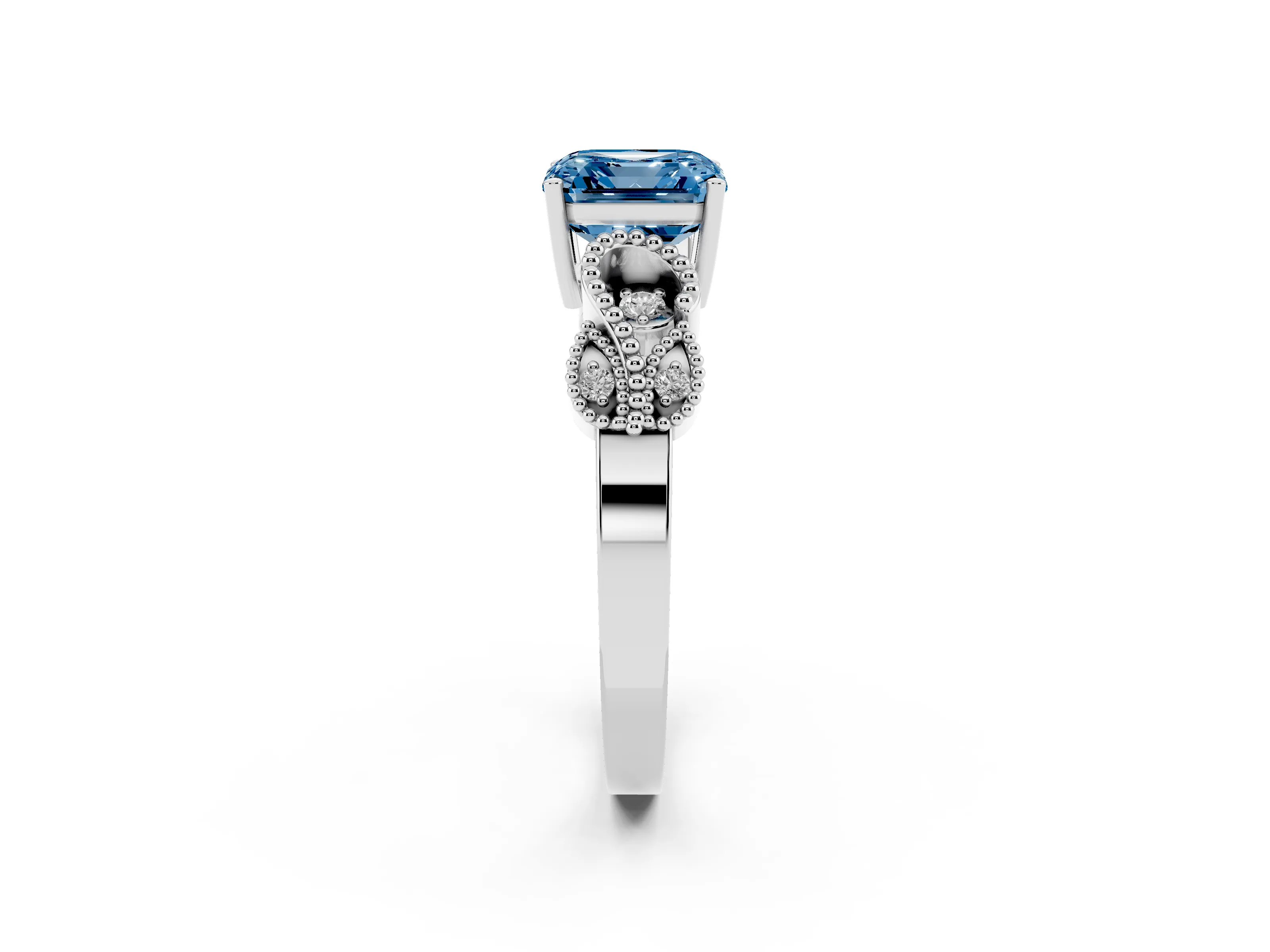 Fancy Blue Asscher Cut Diamond Milgrain Leaf Band Solitaire Ring Set in White gold with Accent Stones and Prong Setting