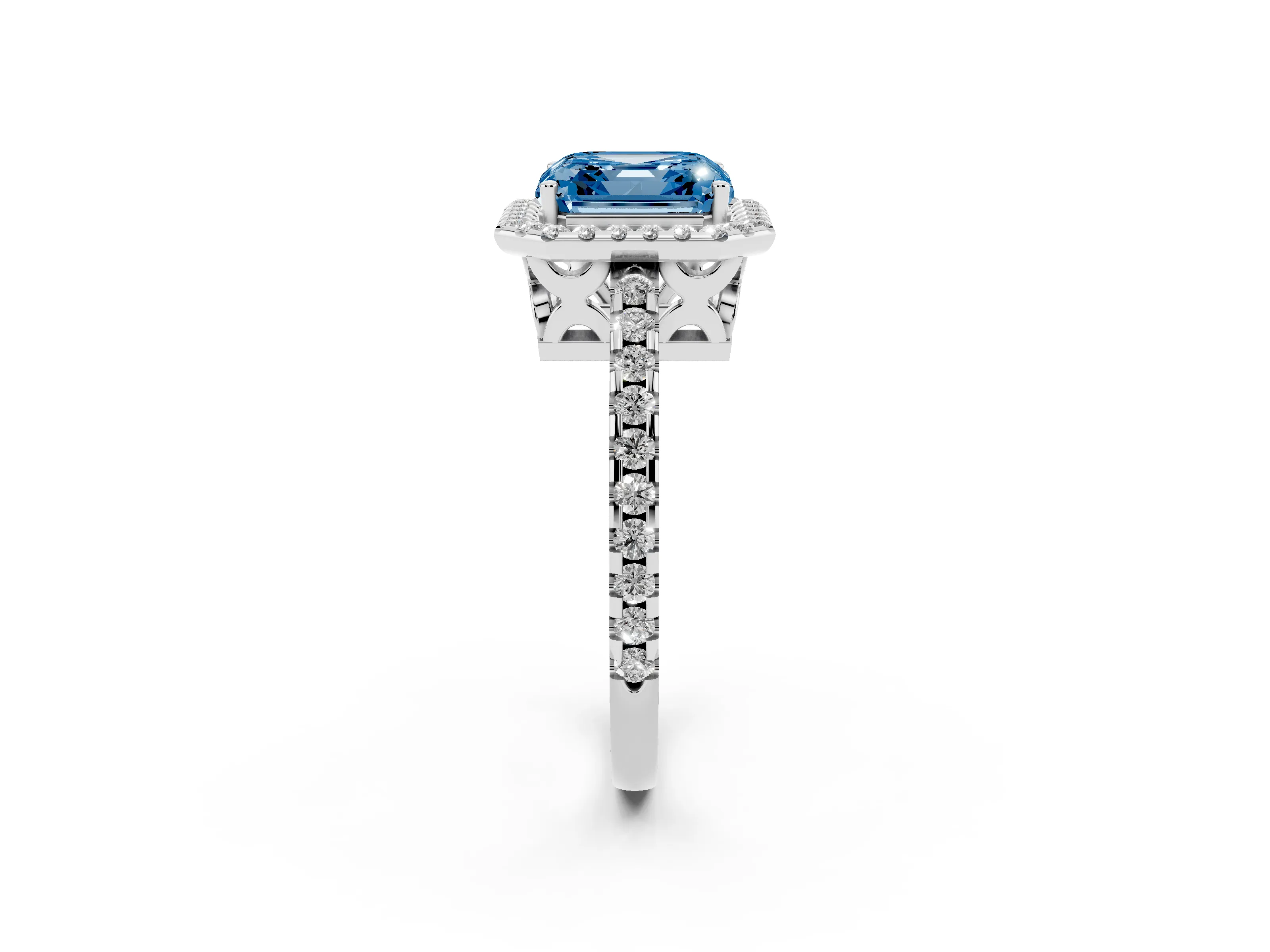 Fancy Blue Asscher Cut Diamond Halo Ring Set in Platinum with Pavé Shoulders and Halo-Framed Center