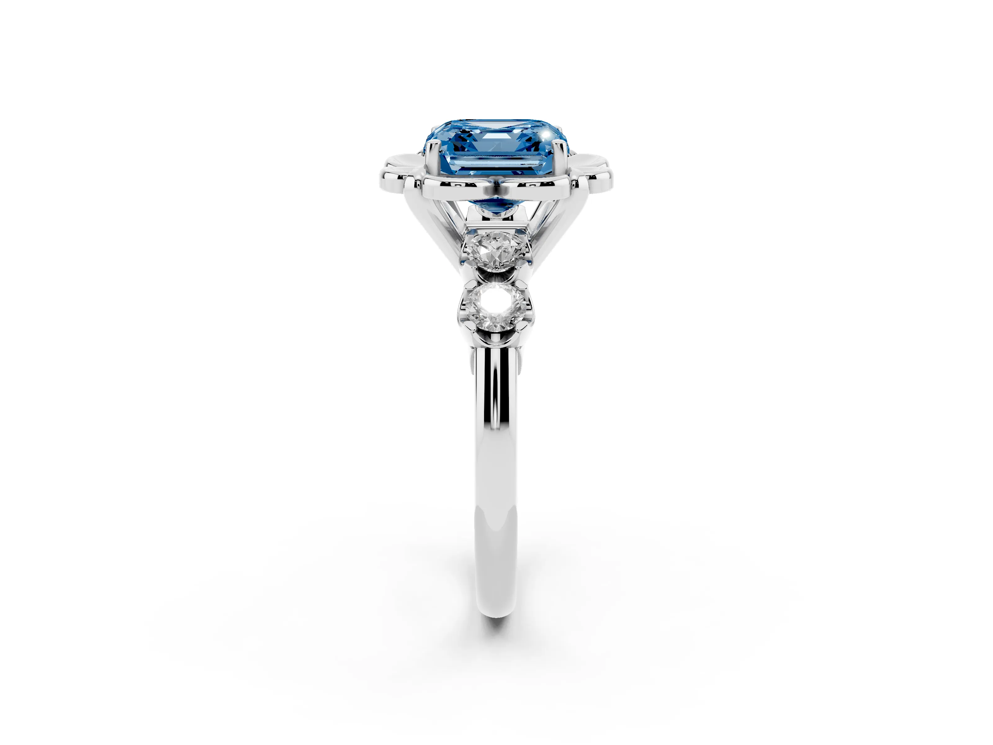 Fancy Blue Asscher Cut Diamond Floral Halo Ring Set in White gold with Shared Prong Band