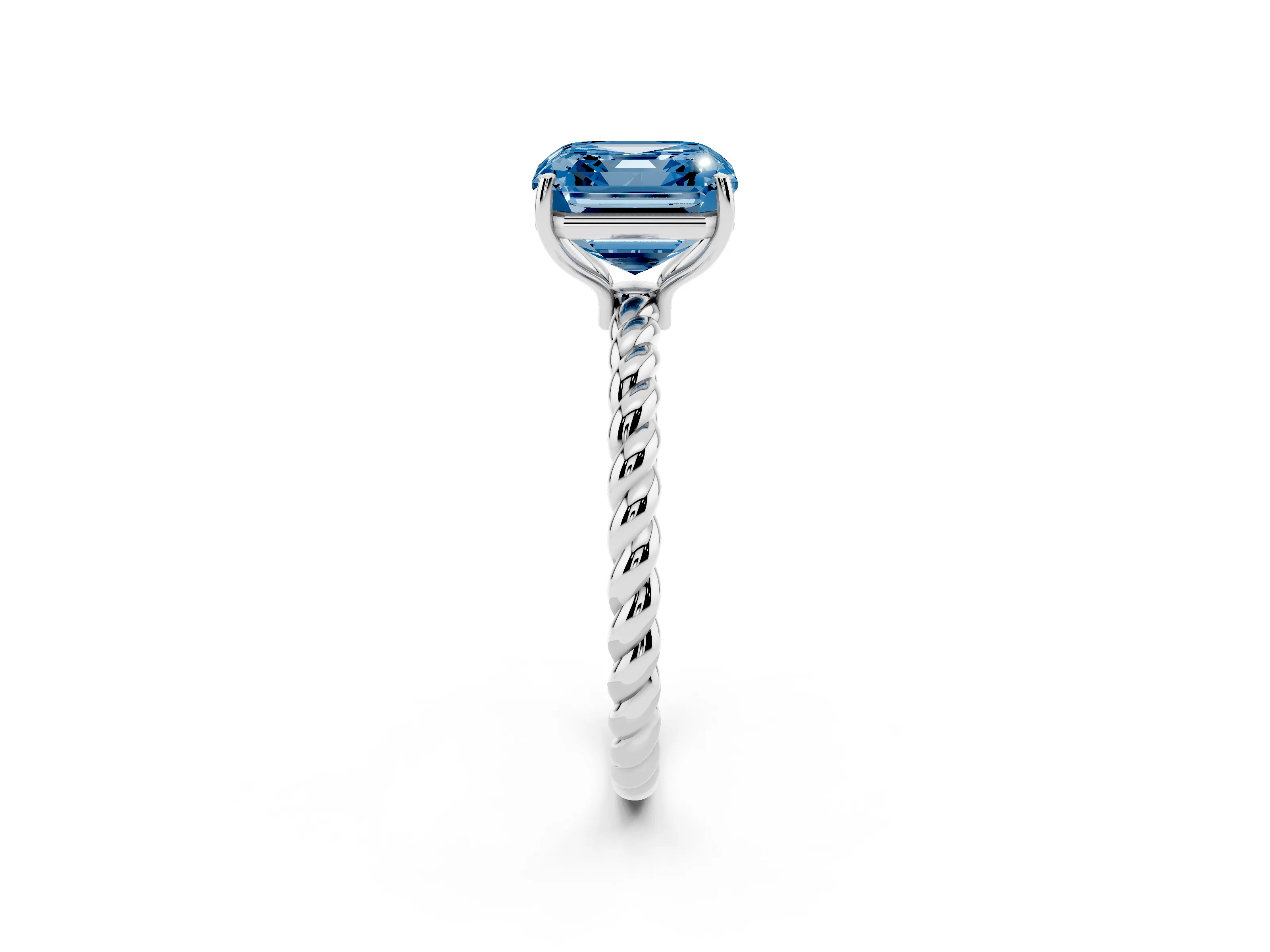 Fancy Blue Asscher Cut Diamond Solitaire Ring Set in Platinum with Twist Band and Prong Setting