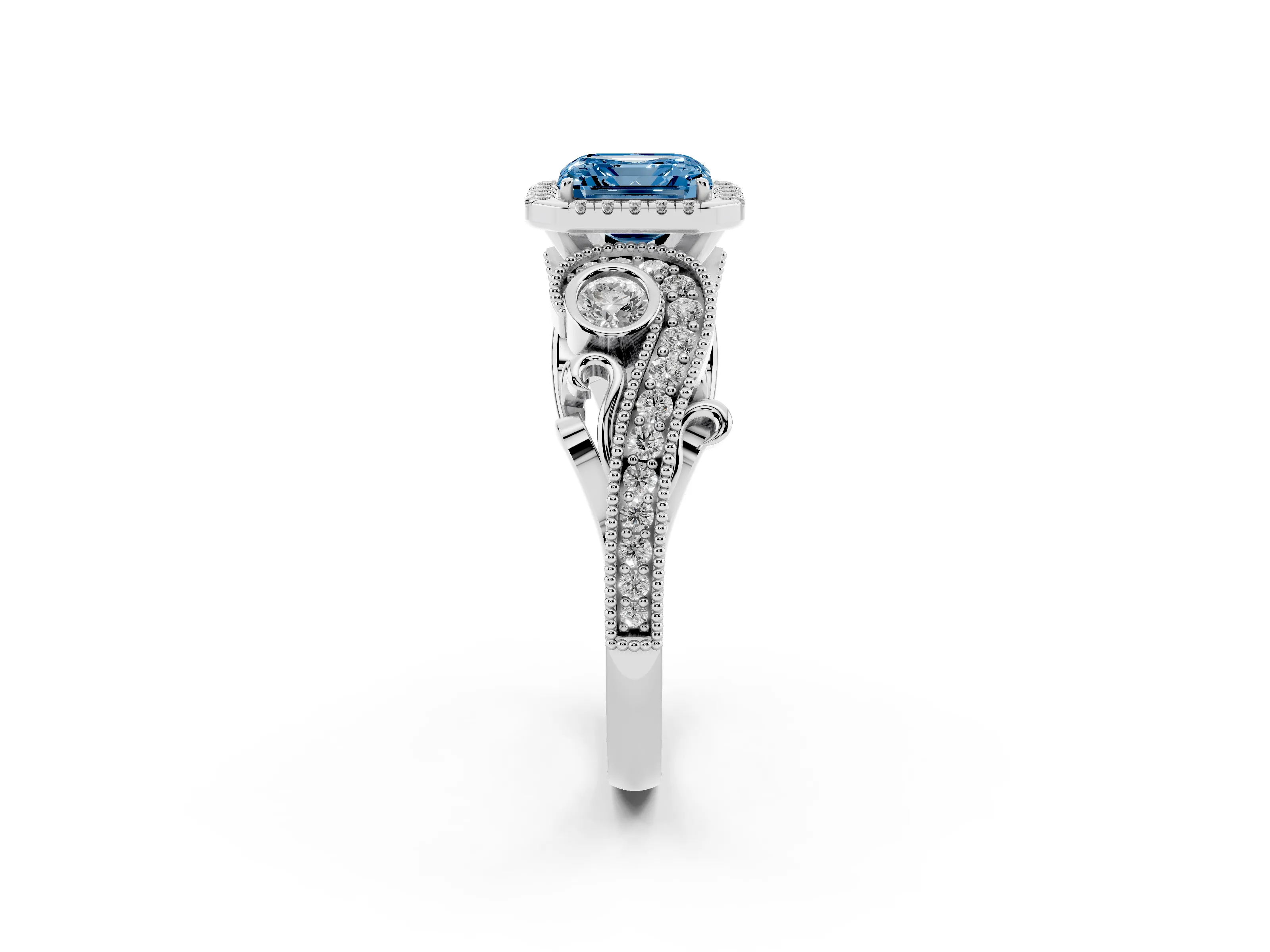 Fancy Blue Asscher Cut Diamond Halo Ring Set in Silver with Milgrain Pavé Band and Prong Setting