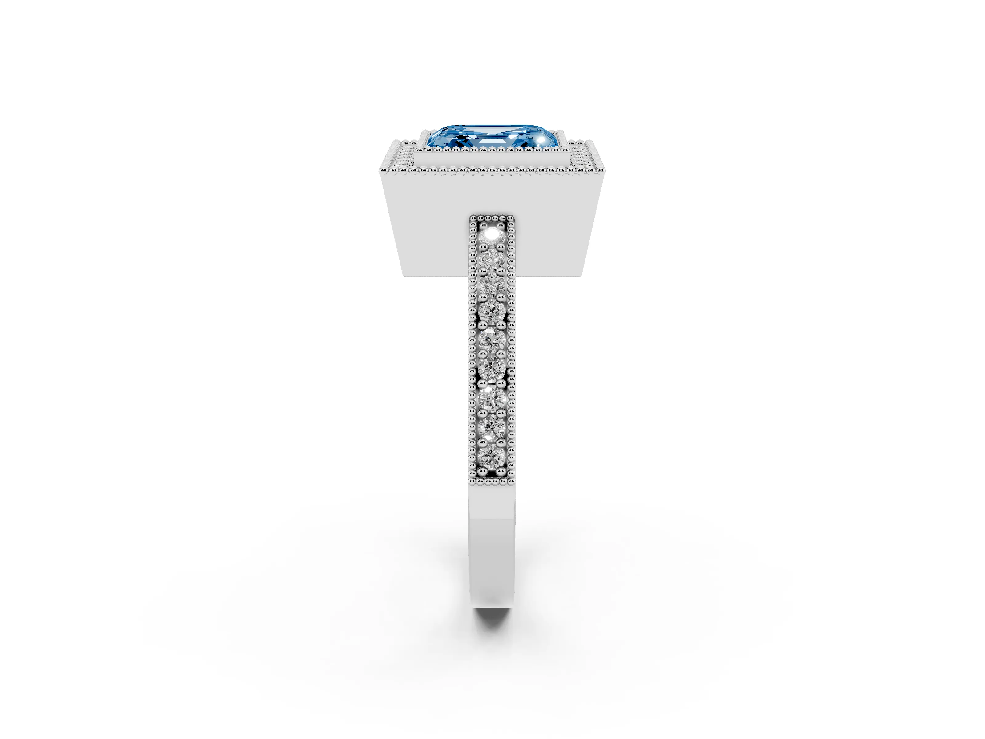 Fancy Blue Asscher Cut Diamond Halo Engagement Ring Set in Platinum with Pavé Band and Round Halo Stones