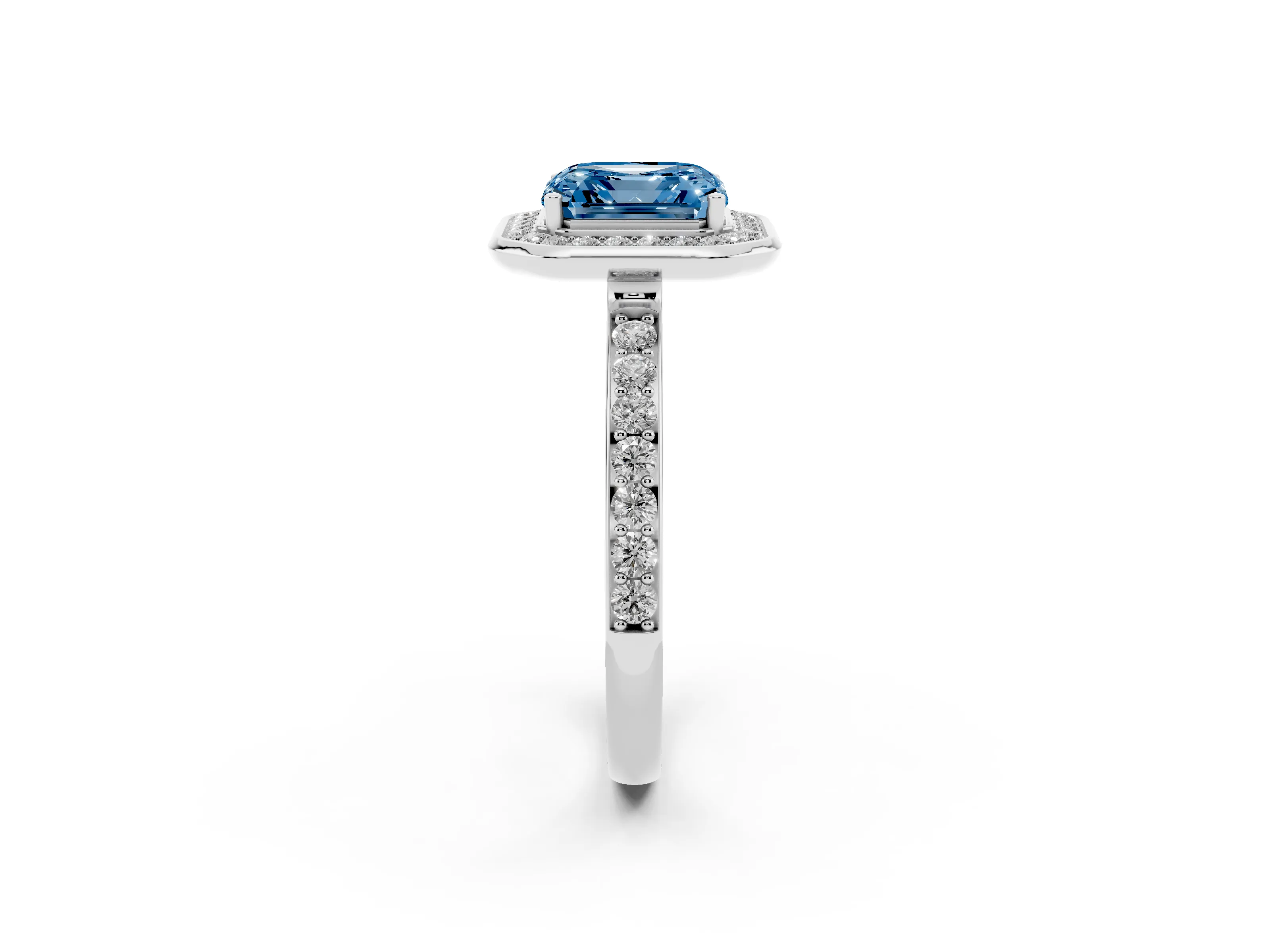 Fancy Blue Asscher Cut Diamond Halo Ring Set in White gold with Bezel Frame and Pavé Band