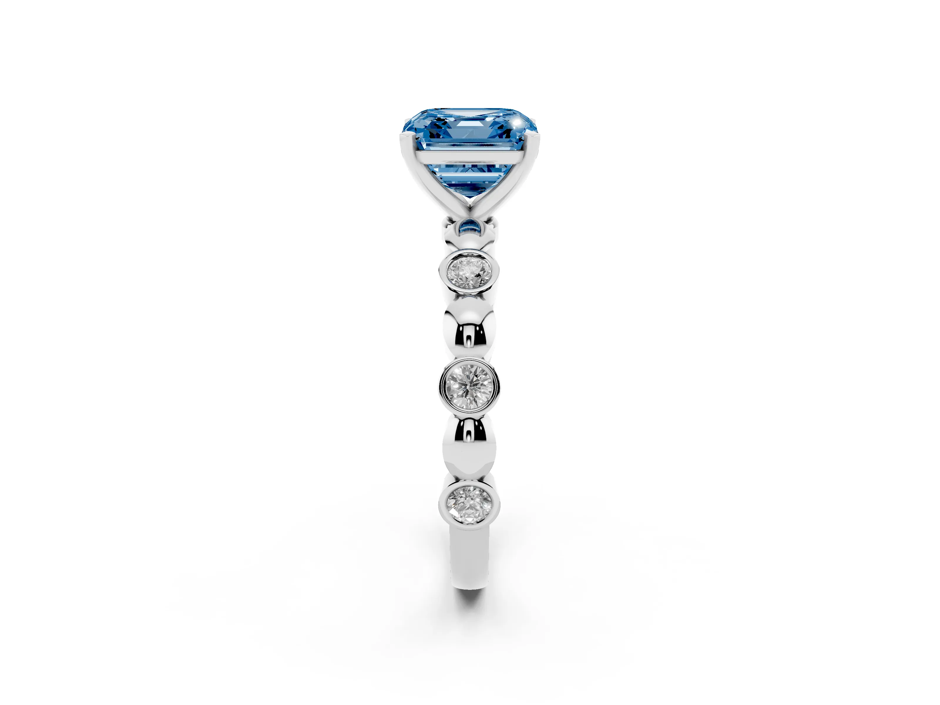 Fancy Blue Asscher Cut Diamond Solitaire Ring Set in Silver with Bezel-Set Accents on Beaded Band and Prong Setting