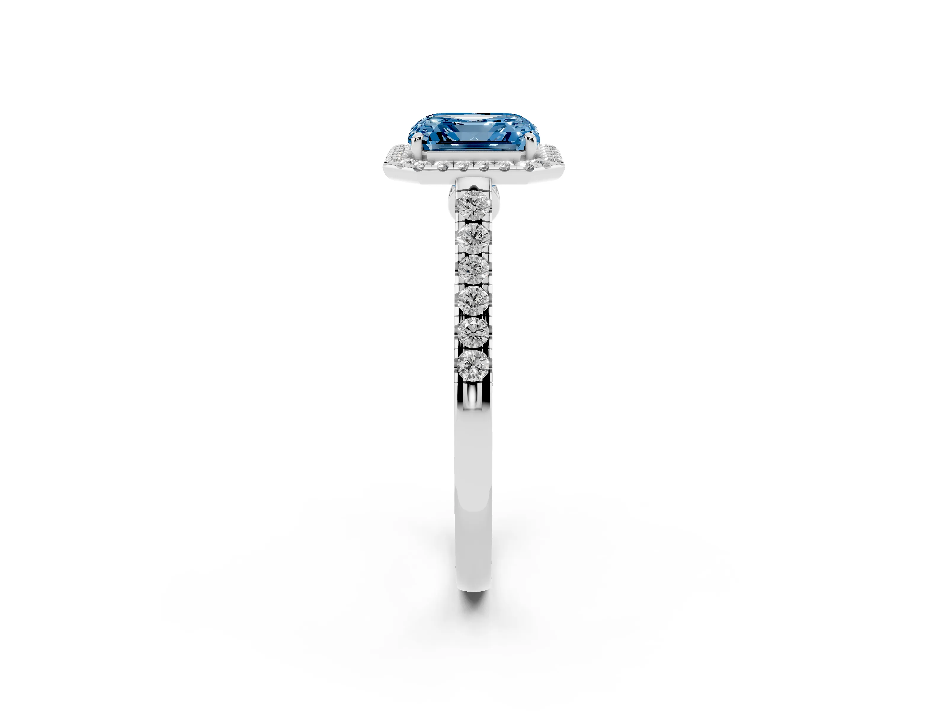 Fancy Blue Asscher Cut Diamond Halo Pavé Engagement Ring Set in White gold with Prong Setting