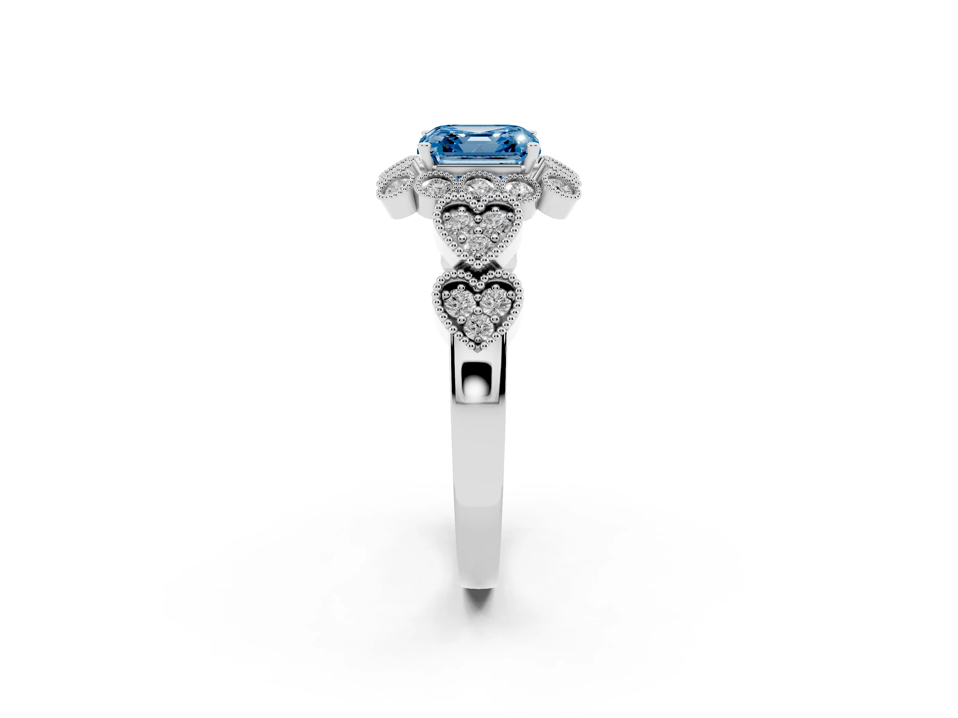 Fancy Blue Asscher Cut Diamond Solitaire Ring Set in Platinum with Milgrain Pavé Heart Band