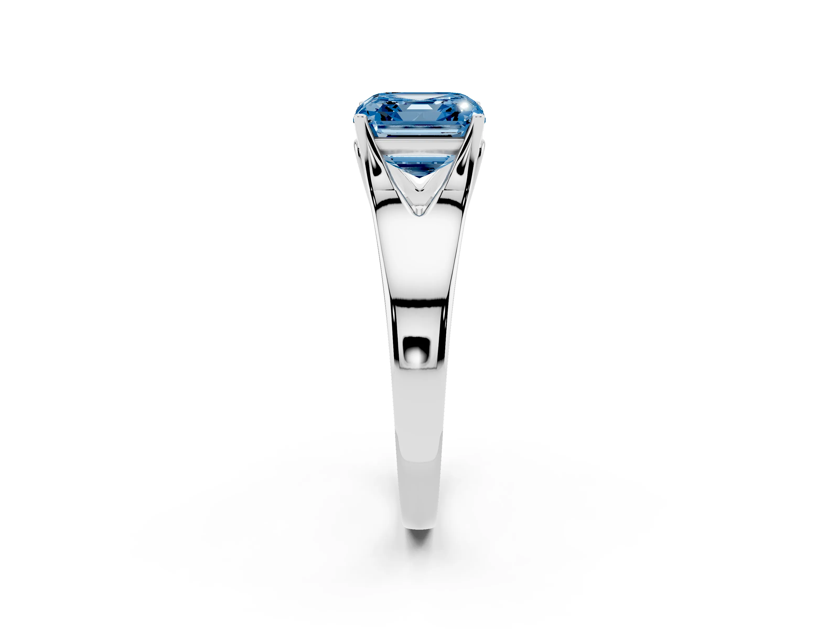 Fancy Blue Asscher Cut Diamond Solitaire Ring Set in Platinum with Arched Cathedral Band and Prong Setting